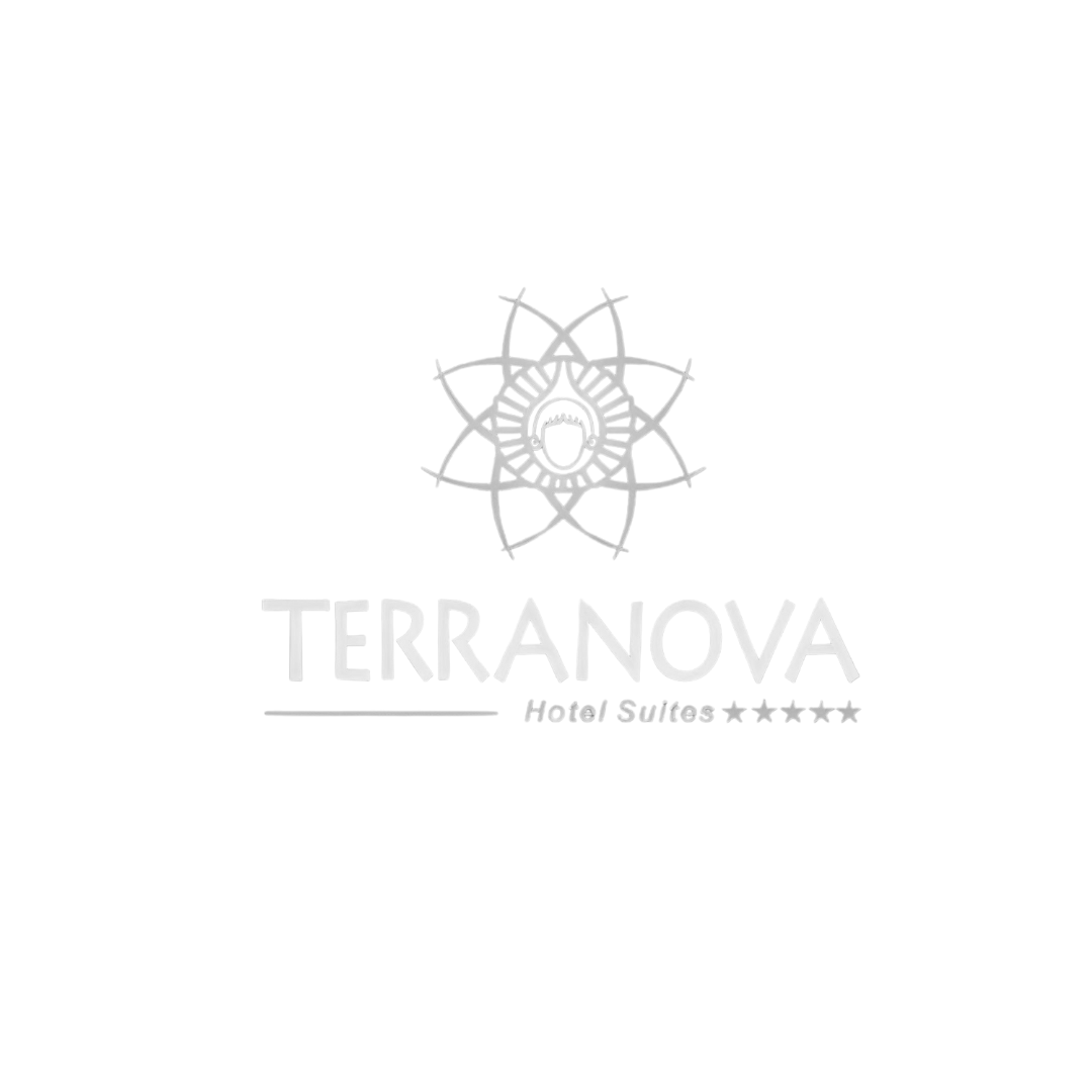 Logotipo en negro y blanco de la cadena hotelera Terranova, con diseño geométrico y la leyenda 'Hotel Suites' con estrellas debajo.