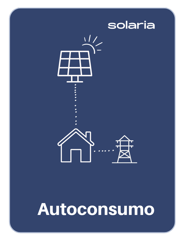 Diagrama con un panel solar, una casa y una torre de electricidad, indicando autoconsumo solar.
