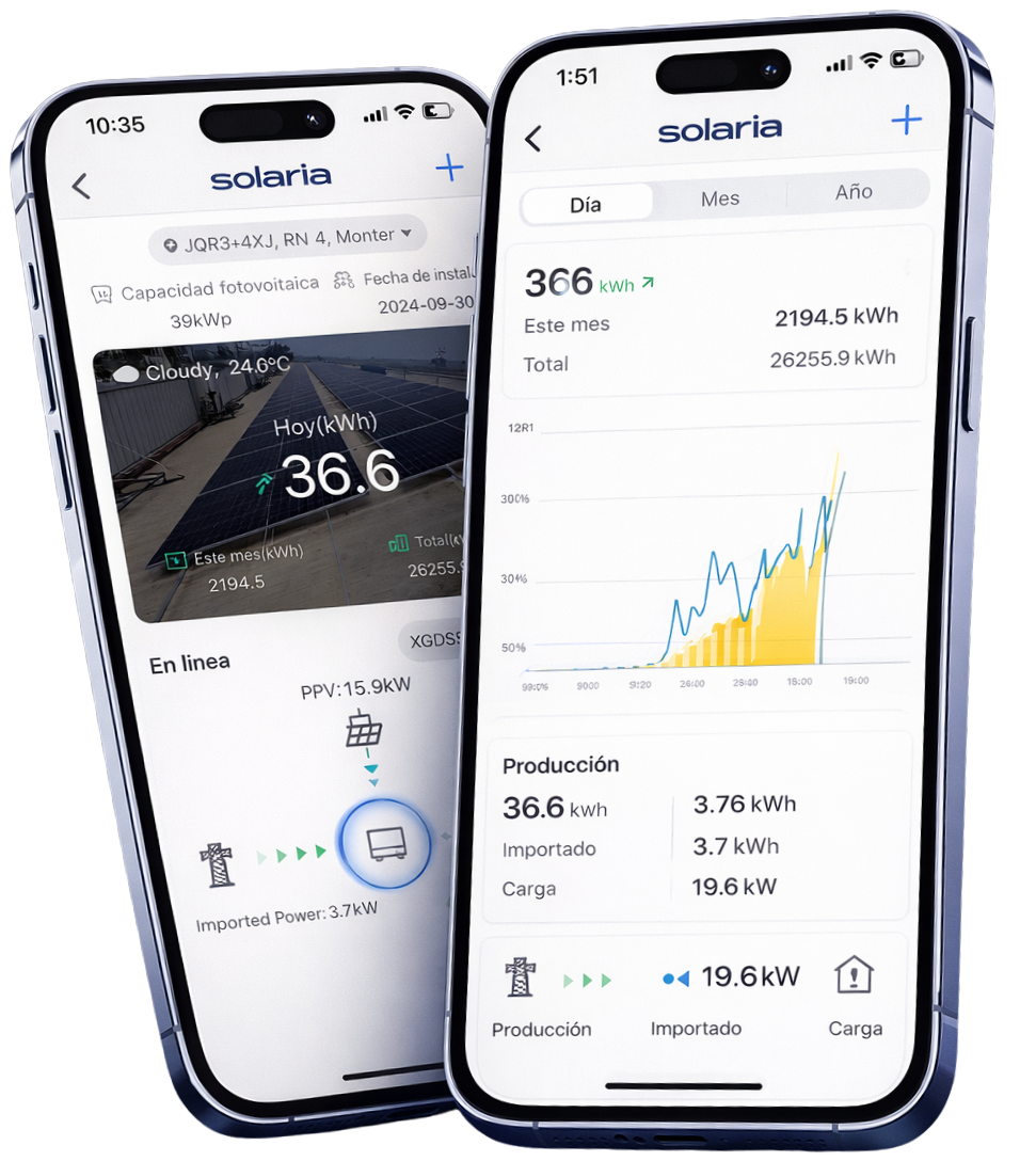 Pantallas de teléfonos inteligentes mostrando aplicaciones de monitoreo de energía solar, con gráficas, estadísticas de producción y consumo en tiempo real.
