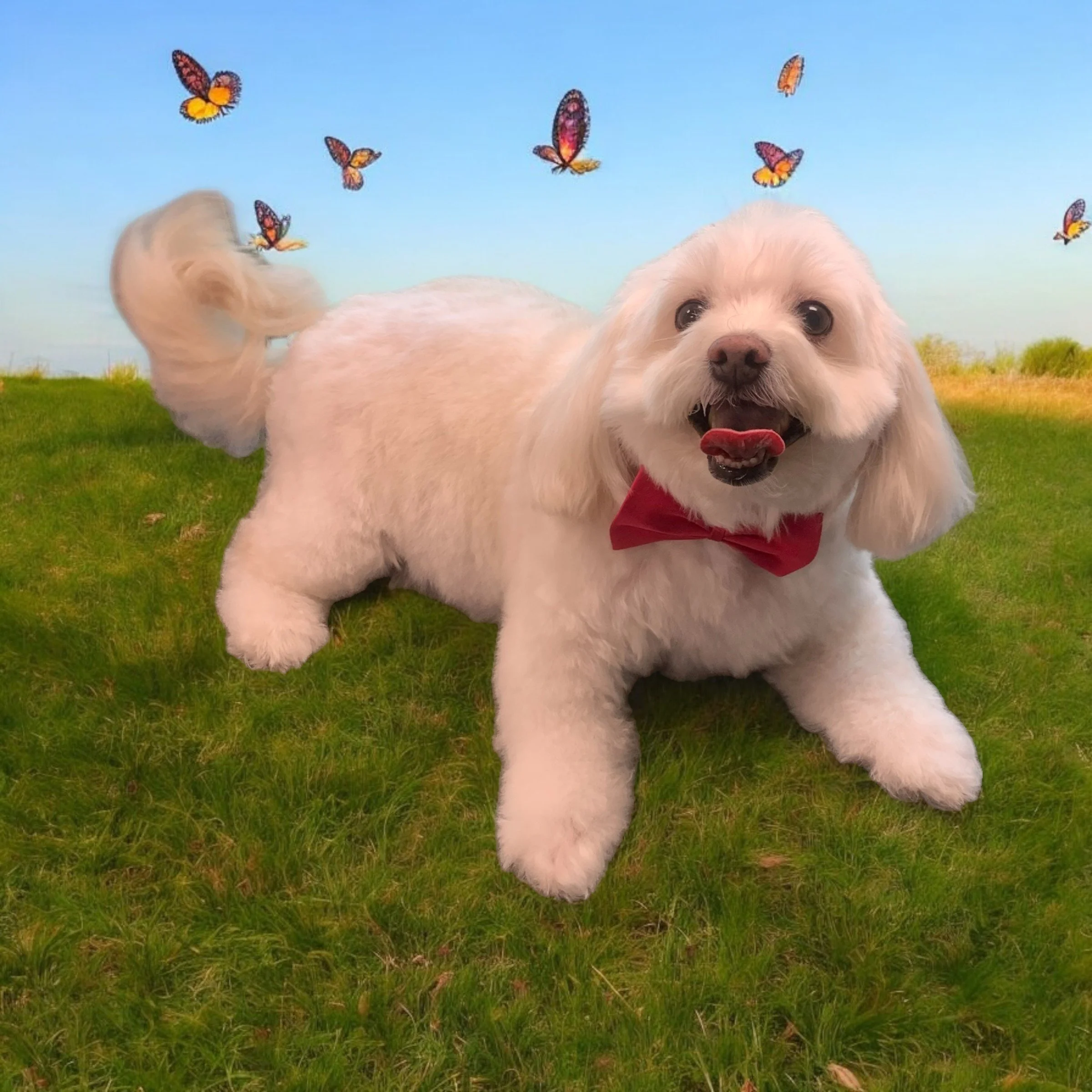 A small white dog with a red bow tie lying on green grass with a blue sky background and colorful butterflies flying around.