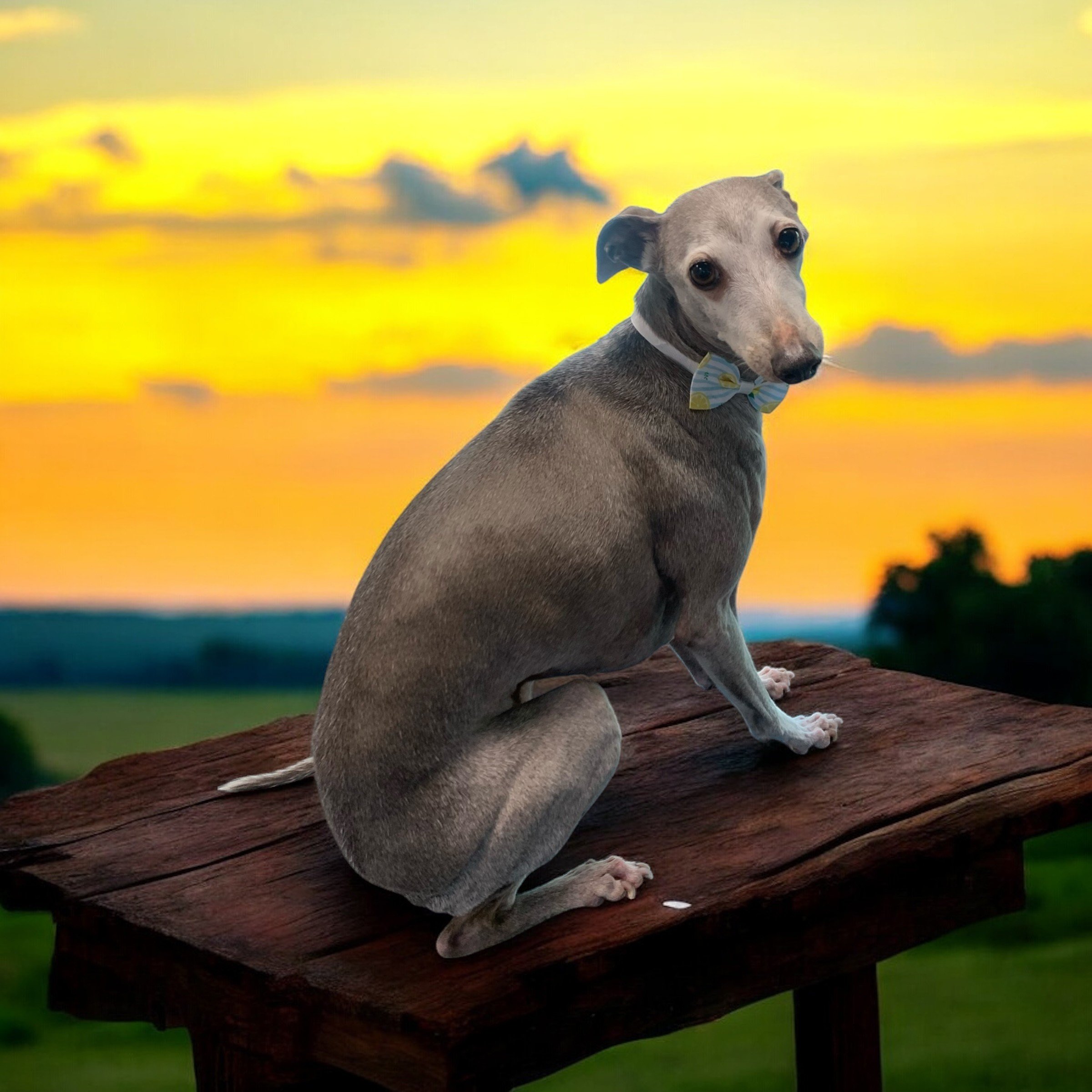 A dog sitting on a wooden table against a sunset background with orange and yellow sky and clouds, wearing a bowtie.