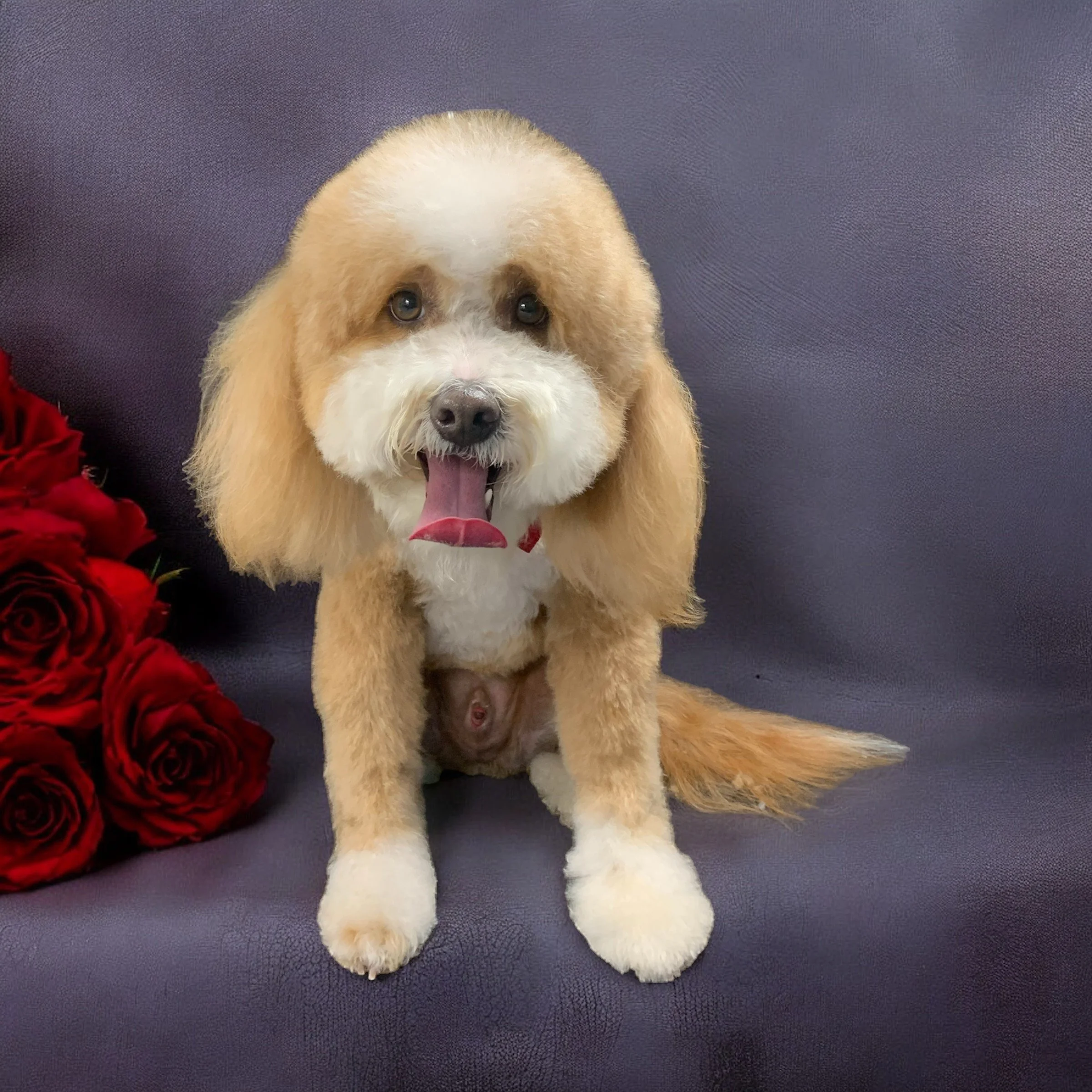 A cute dog with fluffy tan and white fur sitting on a purple surface, surrounded by red roses, with its tongue out.