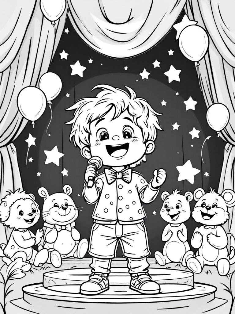 Young boy singing to a stuffed animal audience