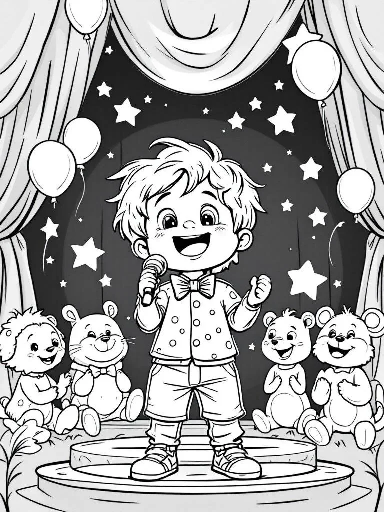 Young boy singing to a stuffed animal audience