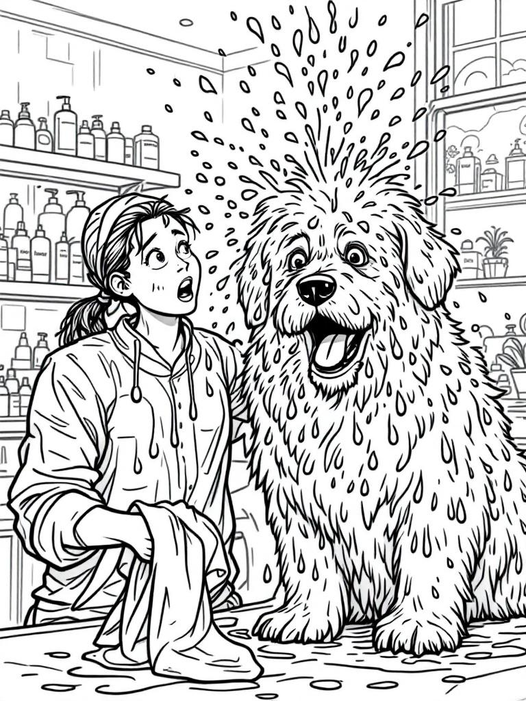 Dog shaking water on on the groomer