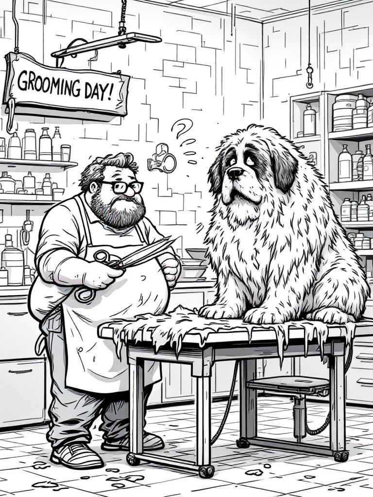 Intimidatingly huge dog on the grooming table