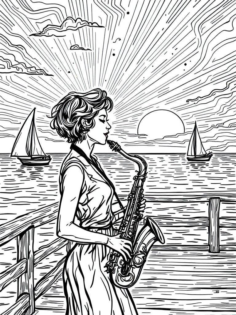 Girl playing sax on the pier