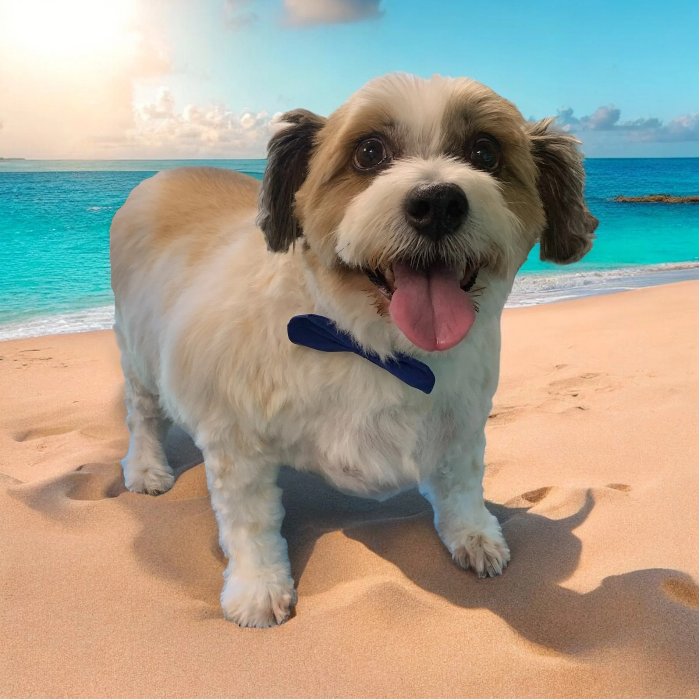 A happy small dog with a blue bowtie standing on a sandy beach with the ocean and blue sky in the background.