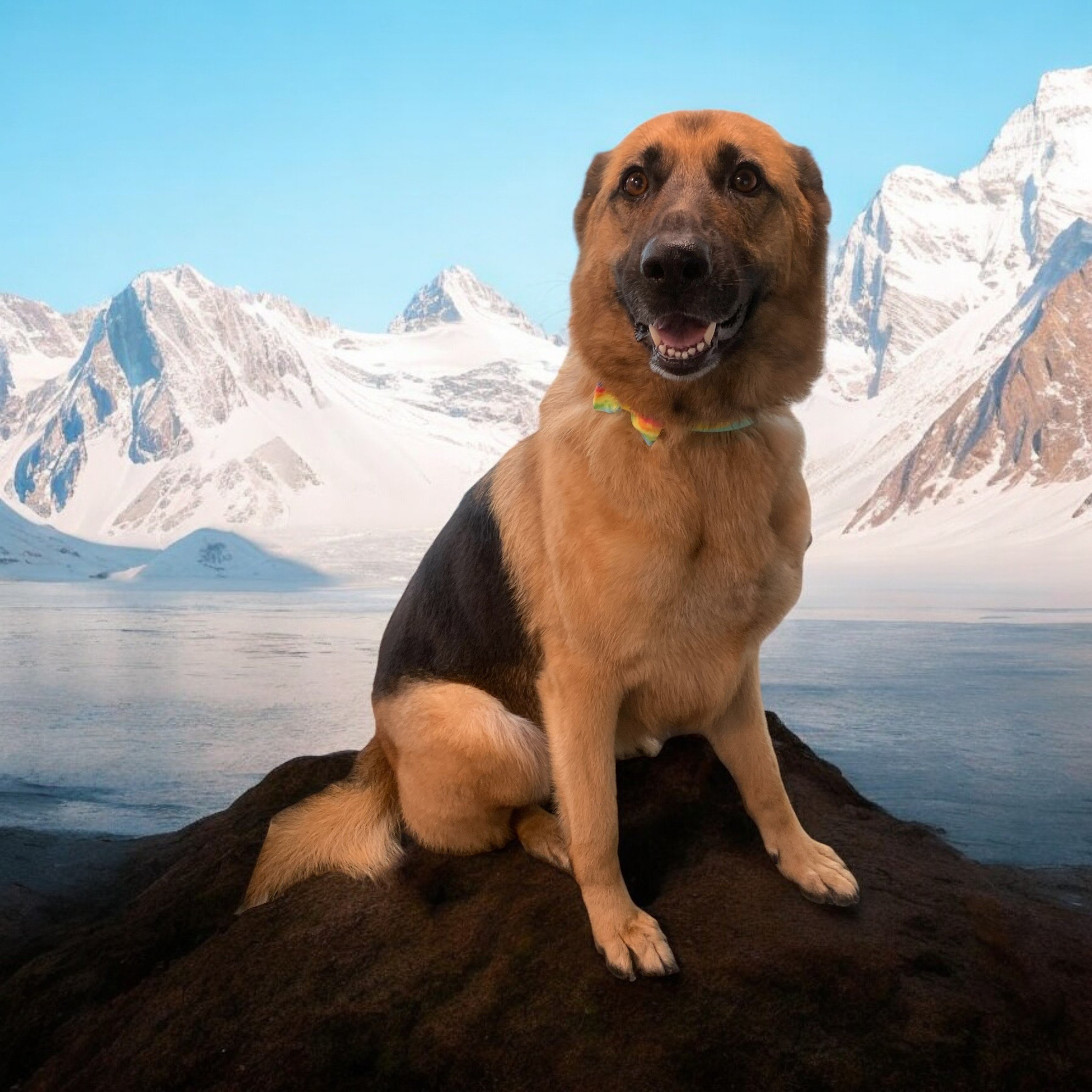 A happy dog with a rainbow bowtie sitting on a rock in front of snowy mountains and icy water.