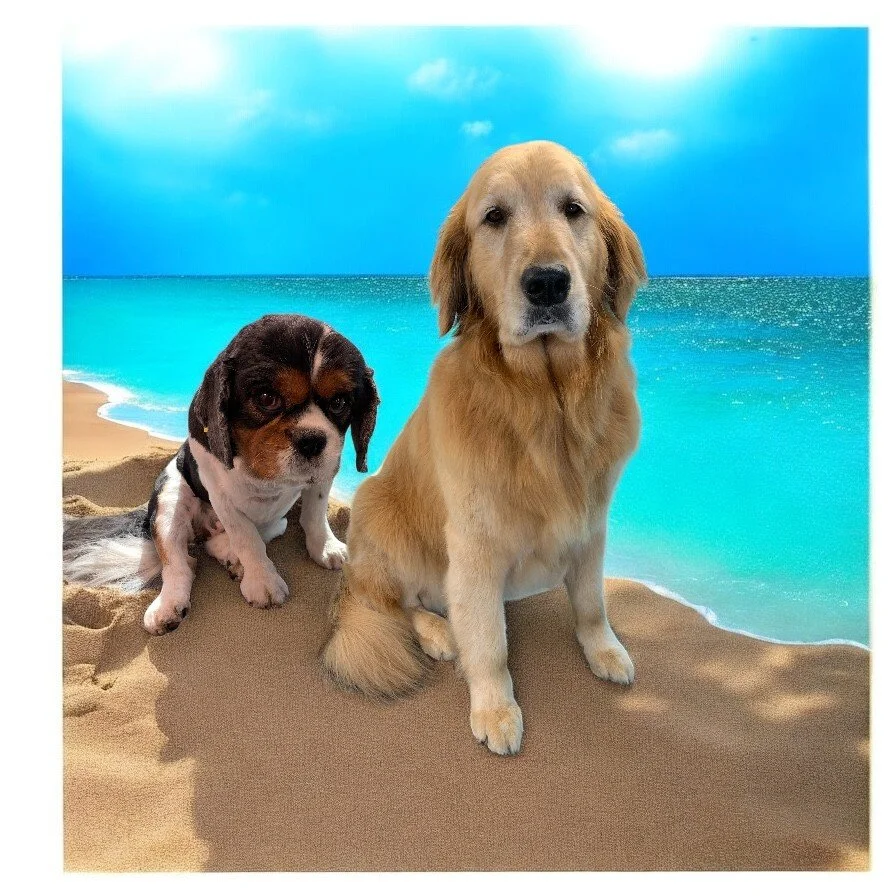 Two dogs, a golden retriever and a small mixed breed, sitting on a sandy beach with turquoise water and a blue sky in the background.