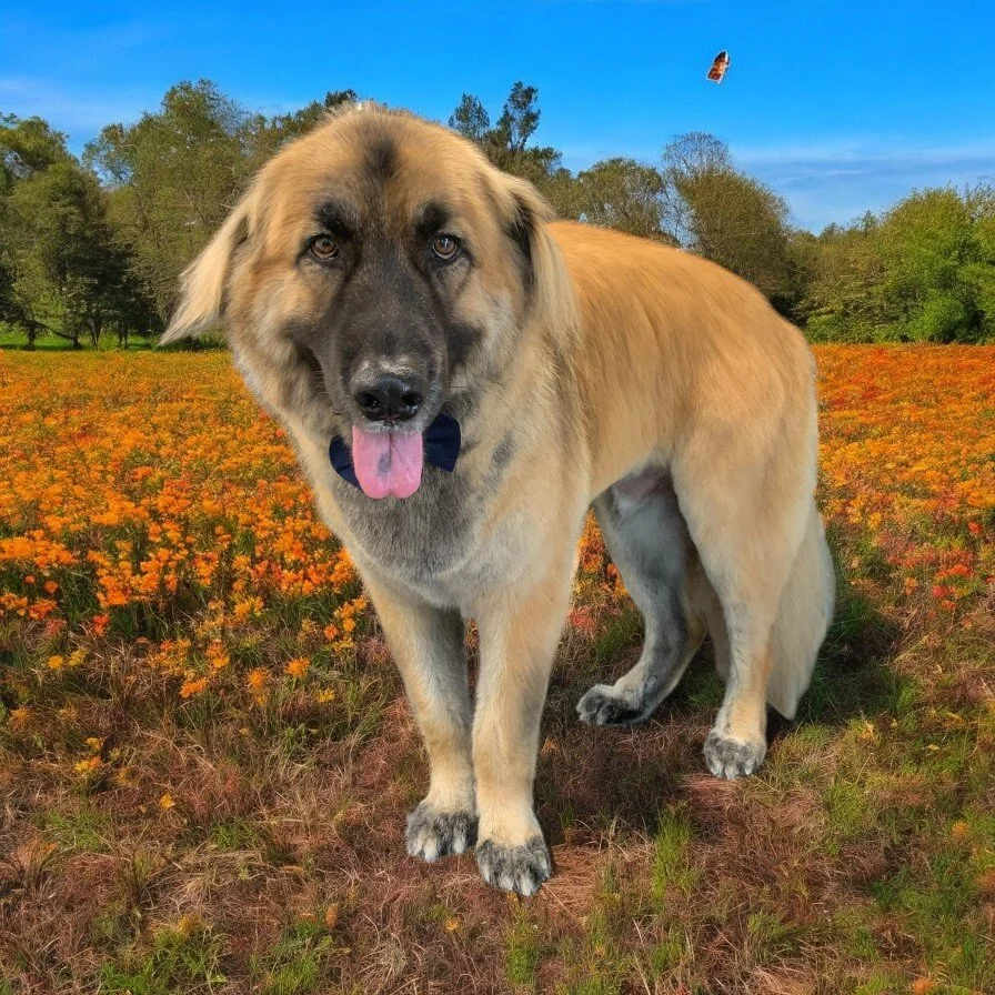 A large fluffy dog with tan fur and black markings on its face, wearing a navy blue bow tie, sitting in a field of orange and yellow flowers with trees and a butterfly in the background on a clear blue sky day.