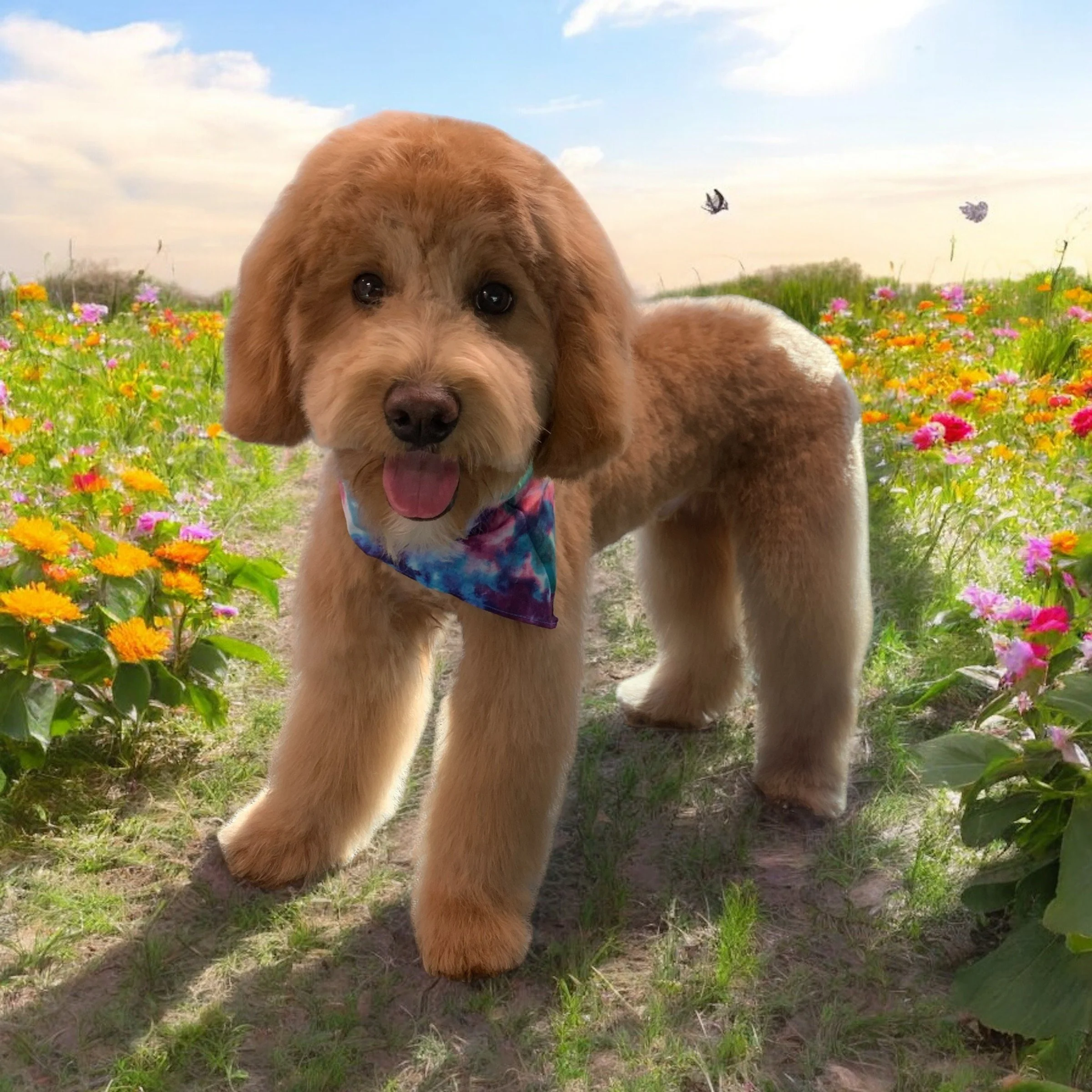 A cute puppy with a colorful bandana standing on a dirt path in a field of colorful flowers with a partly cloudy sky in the background.