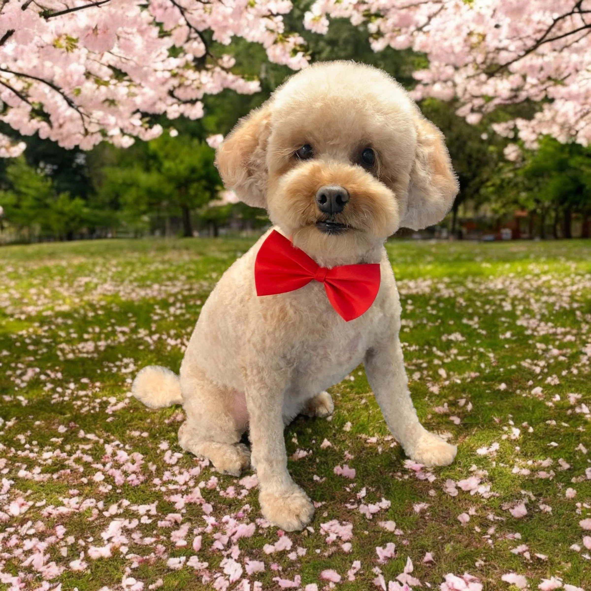 A small curly-haired dog wearing a red bow tie sitting on grass with pink flower petals fallen around, in front of blooming pink cherry blossom trees.