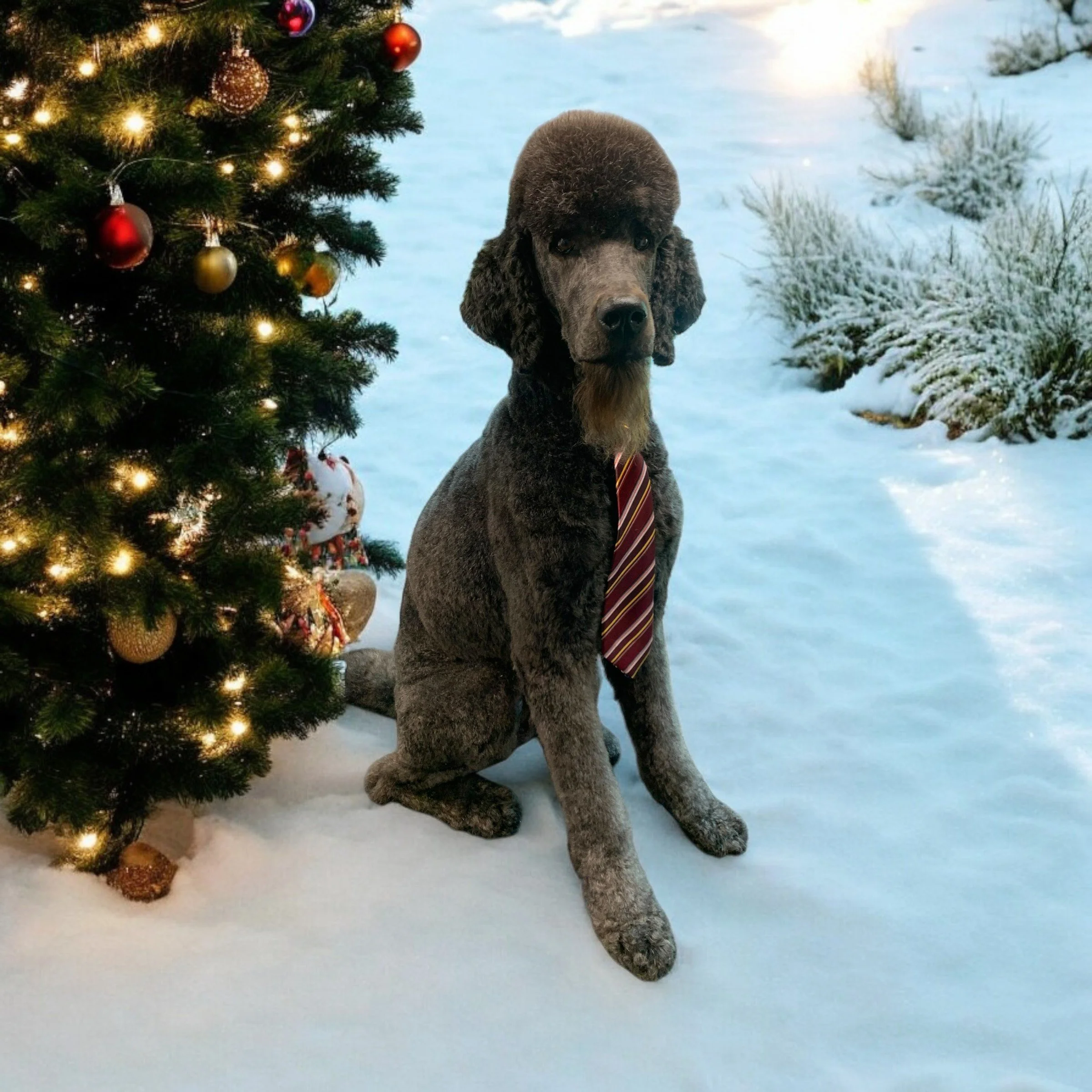 A brown poodle with a red and gold striped tie sitting in a snowy landscape next to a decorated Christmas tree with ornaments and lights.