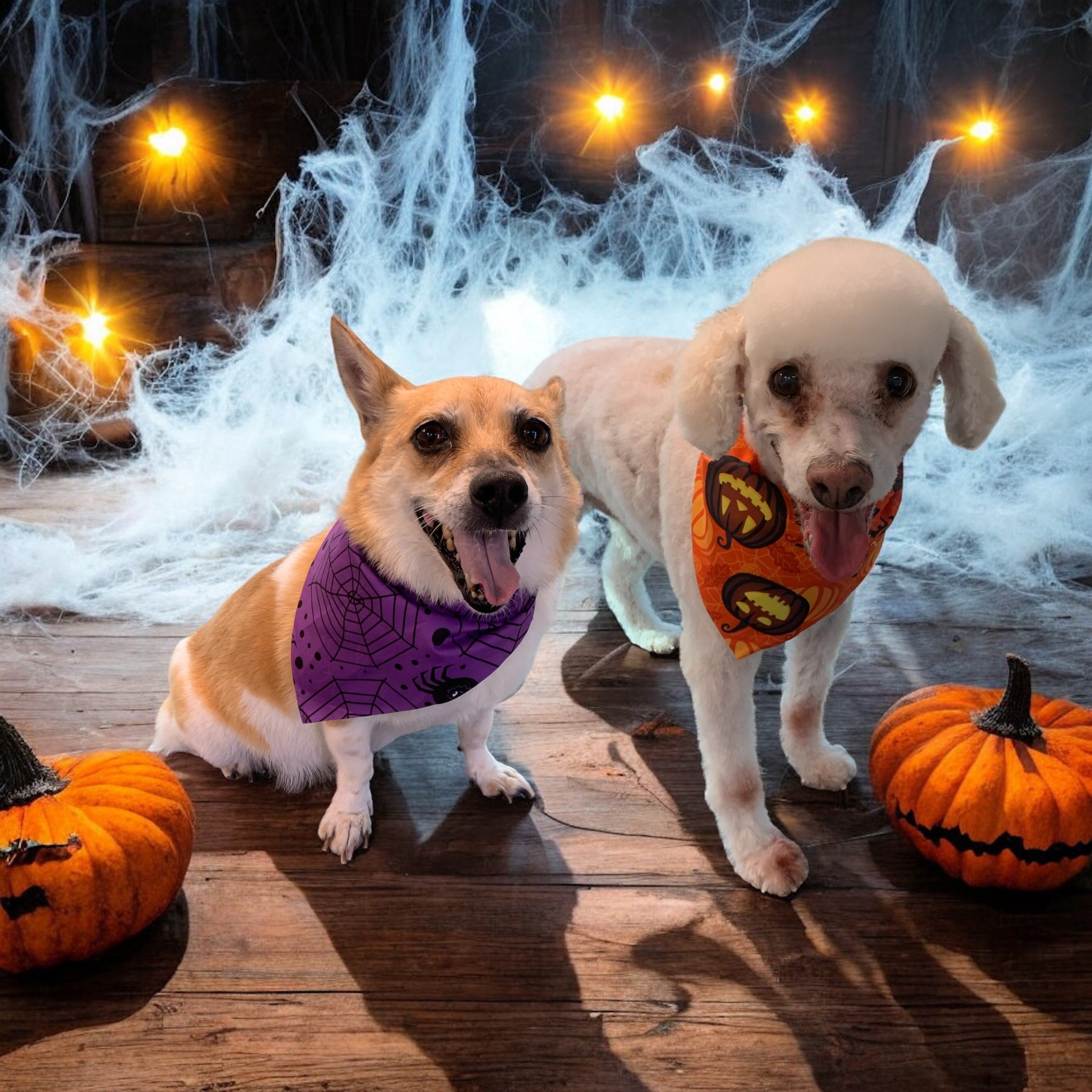 Two dogs dressed in Halloween bandanas inside a spooky decorated room with cobwebs, pumpkins, and orange string lights.