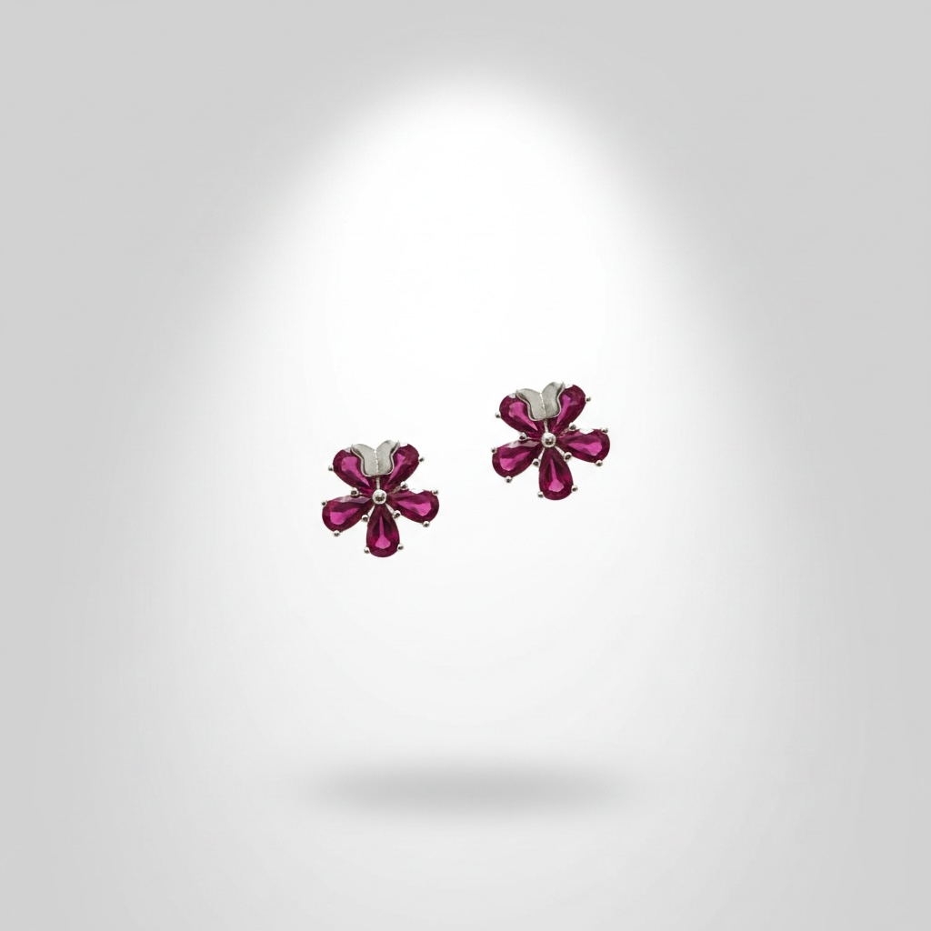 Pink Ruby Flowers Studs with Pendant