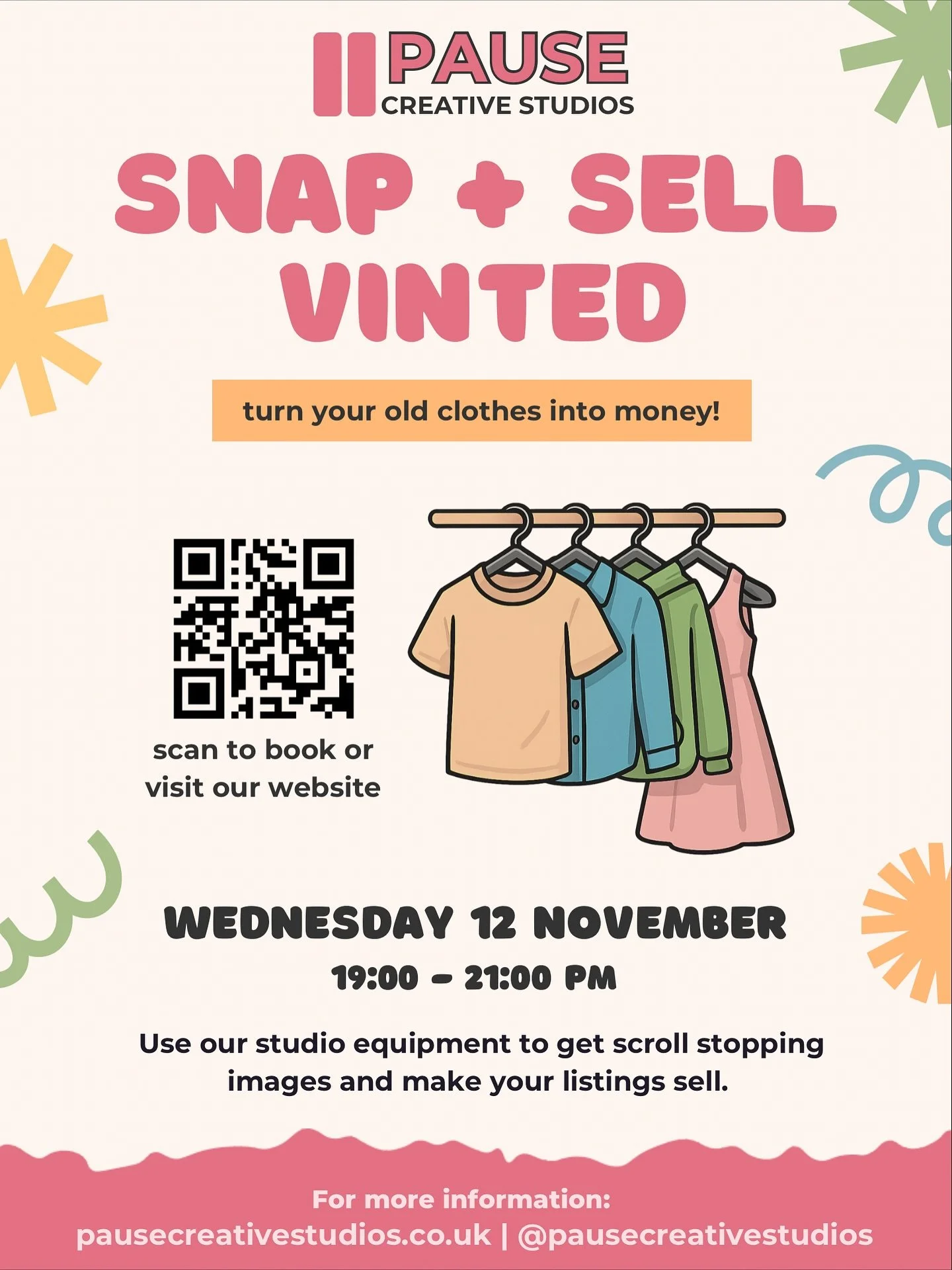 Got a wardrobe full of items you need to sell? ✨

Join us at @pausecreativestudios for our Snap + Sell: Vinted Workshop on Wed 12th Nov, 7&ndash;9pm:
📸 Take photos that pop with our studio equipment 
🗣️ Social setting to chat with others &amp; shar