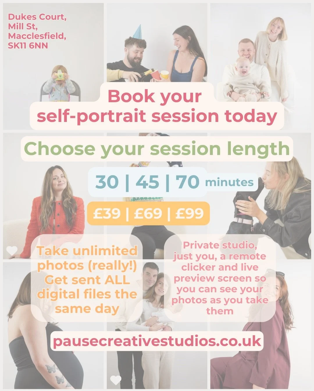 Fun for everyone with our self-portrait sessions ✨

Self-portrait photography is fun and unique!

Choose your session length ⏰
Take UNLIMITED photos 📸 with our professional camera and equipment in the studio 
Get sent ALL your photos the same day 💌