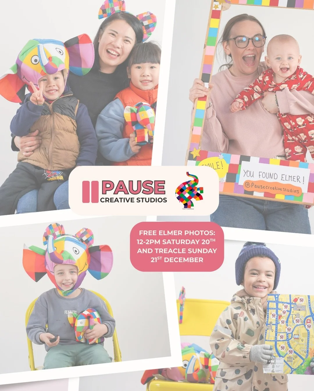 FREE Elmer photo at Pause Creative Studios Saturday 20th December and Treacle Market Sunday 21st 12-2pm🐘🌈

Find us in Dukes Court, Mill St, SK11 6NN 

No booking needed just turn up and we will help you get a perfect Elmer photo with our props, equ
