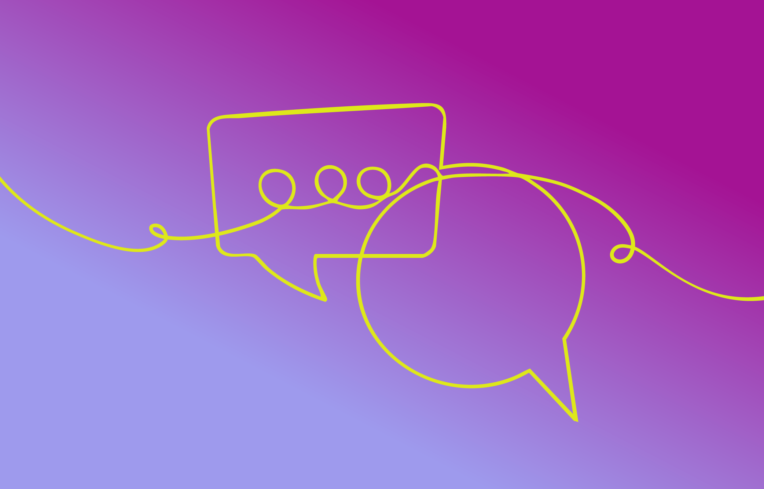 LIne drawing of two speech bubbles on a multicolored gradient background.