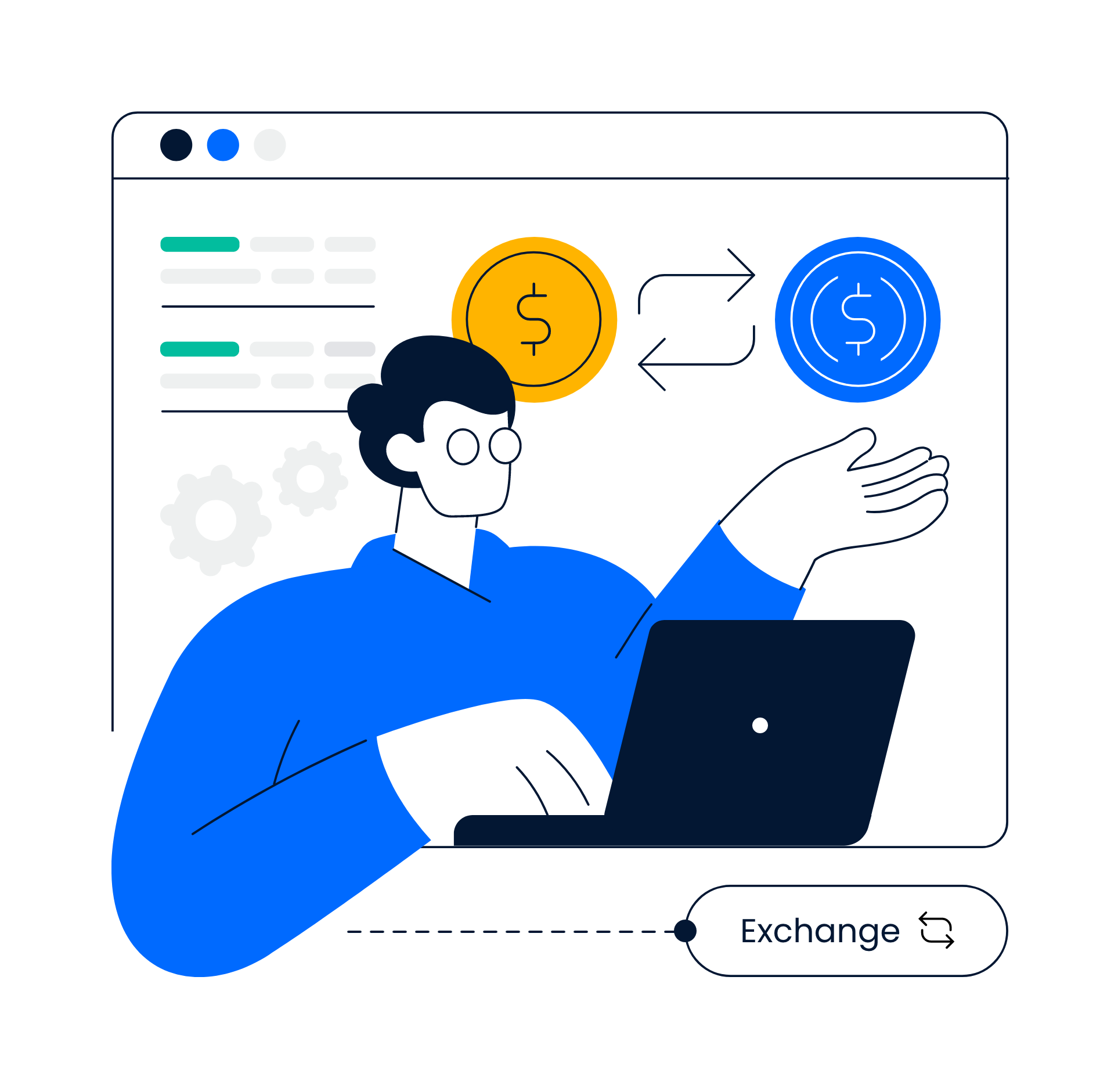 Illustration of a person with glasses and dark hair interacting with a laptop, with icons of a dollar sign and exchange arrows, suggestive of financial or currency exchange concept.