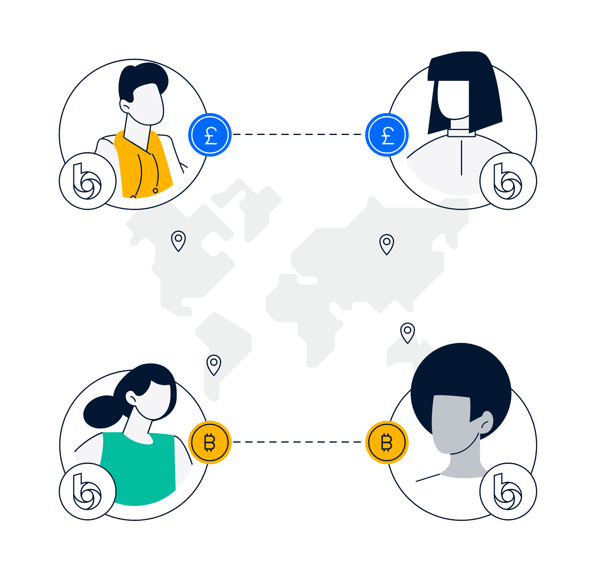 Illustration of people exchanging digital currency, with a focus on Bitcoin symbols and cryptocurrency transactions.