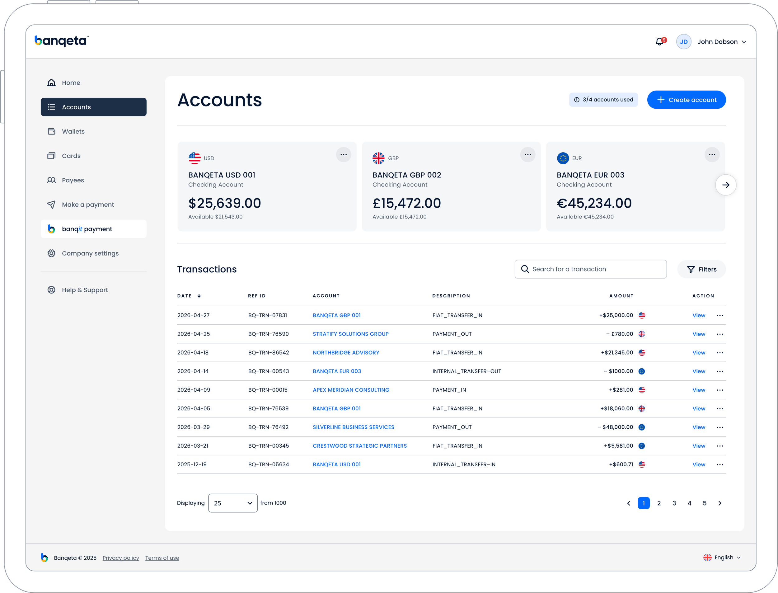 Screenshot of an online banking dashboard showing multiple checking accounts in different currencies, recent transaction list, and navigation menu.