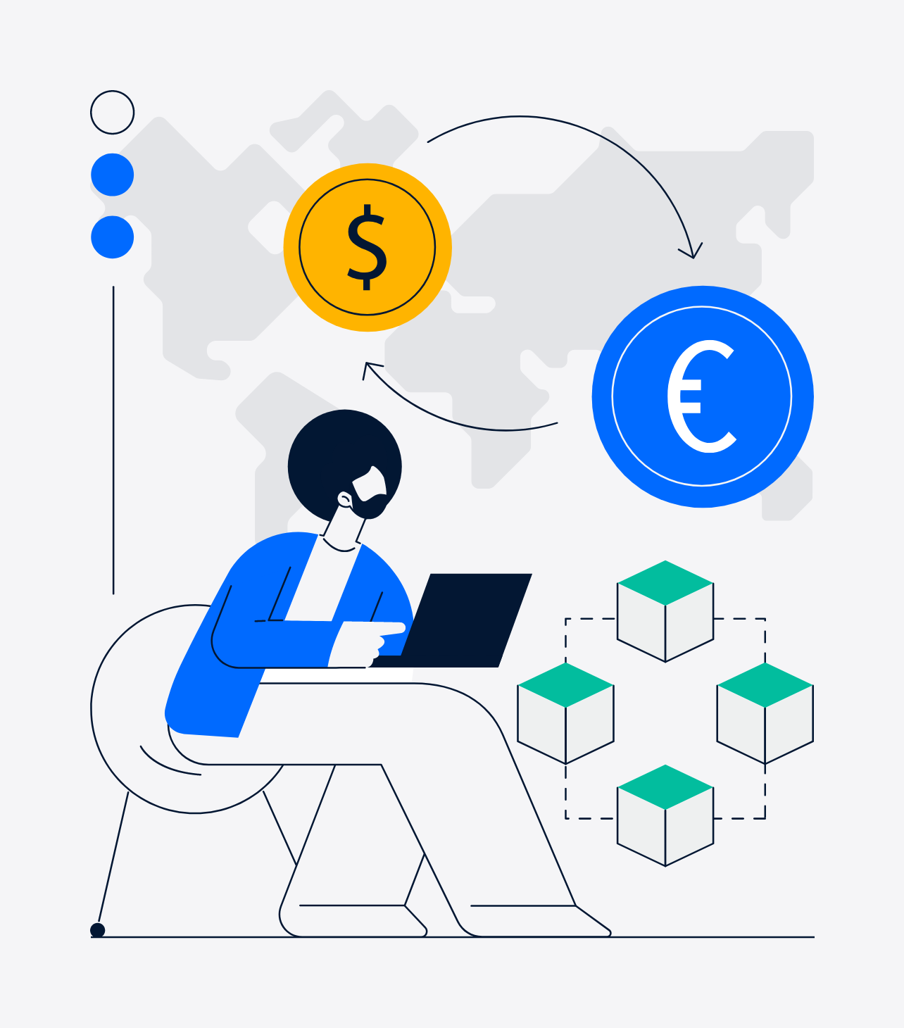A digital illustration of a person sitting on a chair using a tablet, surrounded by financial icons such as a dollar sign and euro sign coins with arrows indicating currency exchange, and at the bottom, a blockchain network diagram.