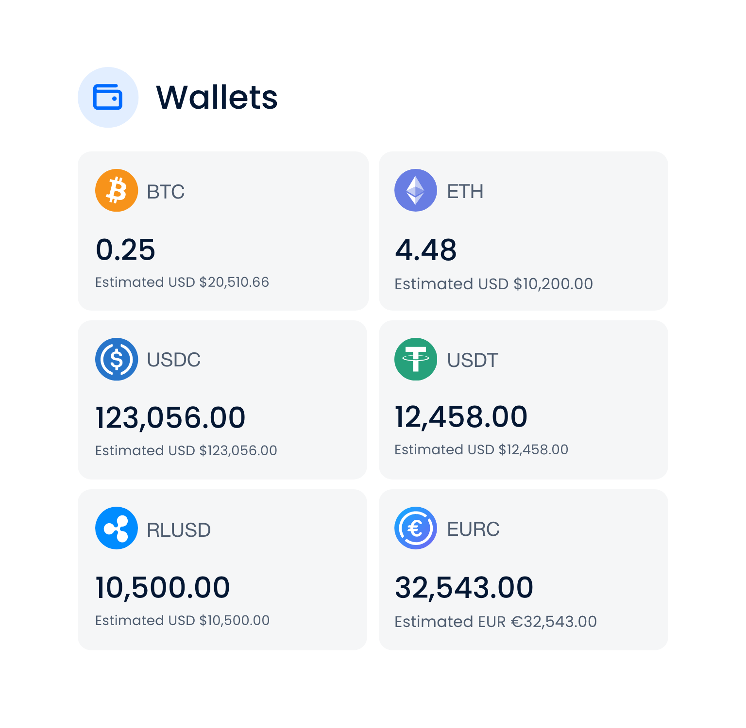 Digital cryptocurrency wallet interface showing balances of Bitcoin, Ethereum, USD Coin, Tether, Ripple, and Euro with corresponding icons and estimated USD values.