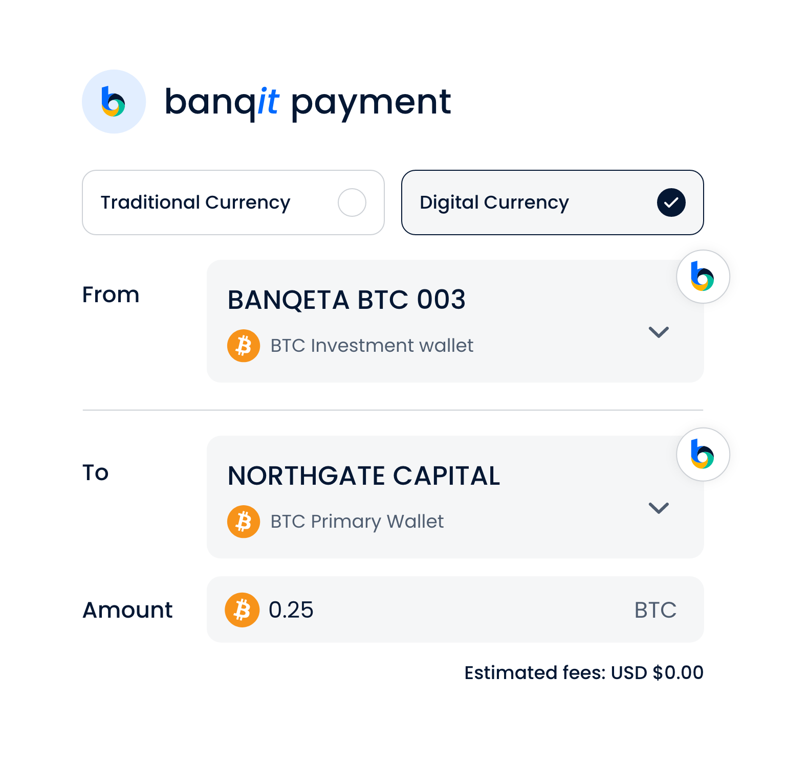 Screenshot of a Bitcoin transaction on a digital payment platform, showing transfer of 0.25 BTC from a Bitcoin investment wallet to a Bitcoin primary wallet with options to select between traditional and digital currency.
