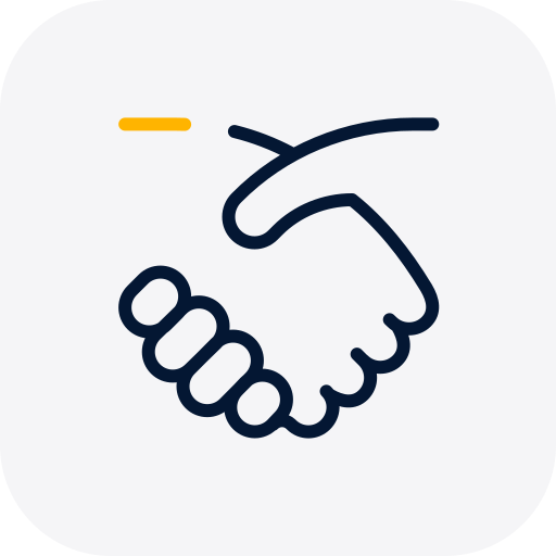 Simple line drawing of a handshake with a small yellow line above.