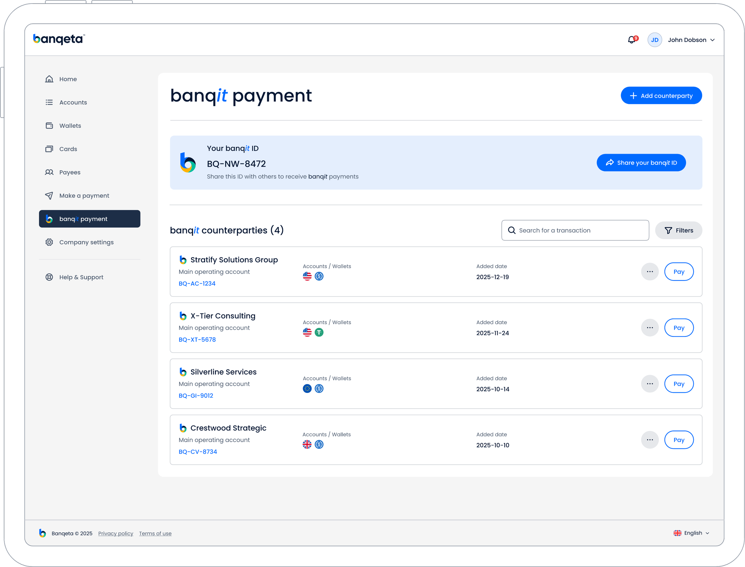 Screenshot of an online banking platform showing the 'banqit payment' section with various account details and options to add counters, view transactions, and make payments.