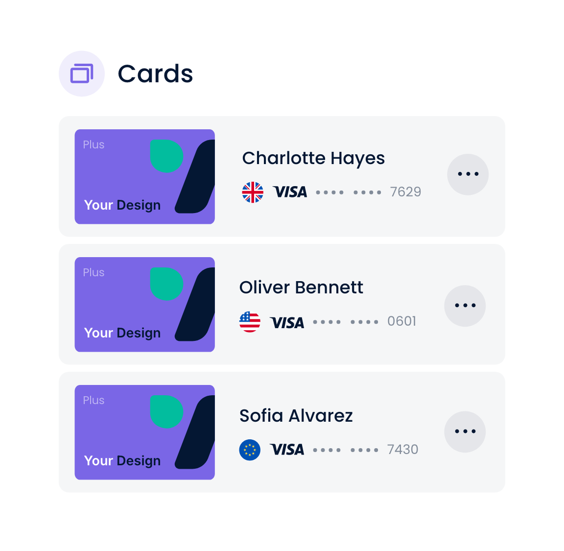 Digital wallet screen displaying three Visa cards with purple background and abstract design, each card showing the cardholder's name and partially obscured card number, with icons indicating country flags.
