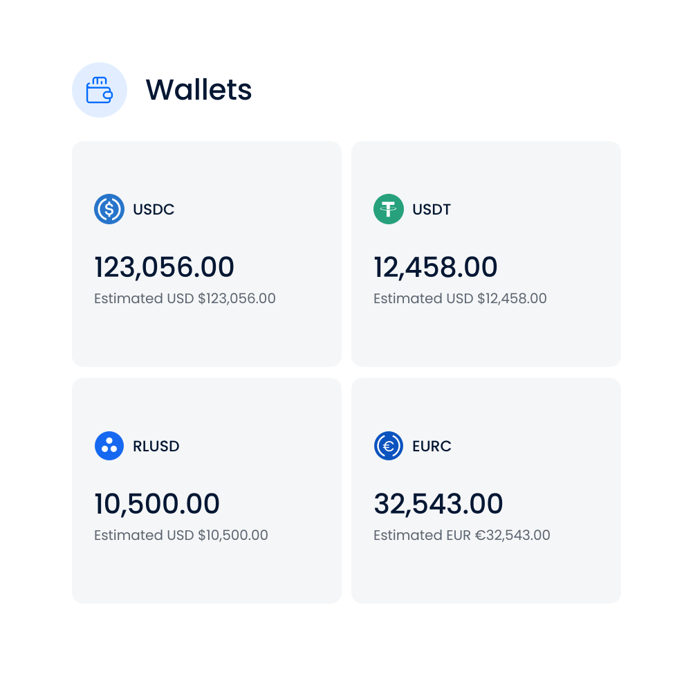 Digital cryptocurrency wallet interface showing balances of Bitcoin, Ethereum, USD Coin, Tether, Ripple, and Euro with corresponding icons and estimated USD values.