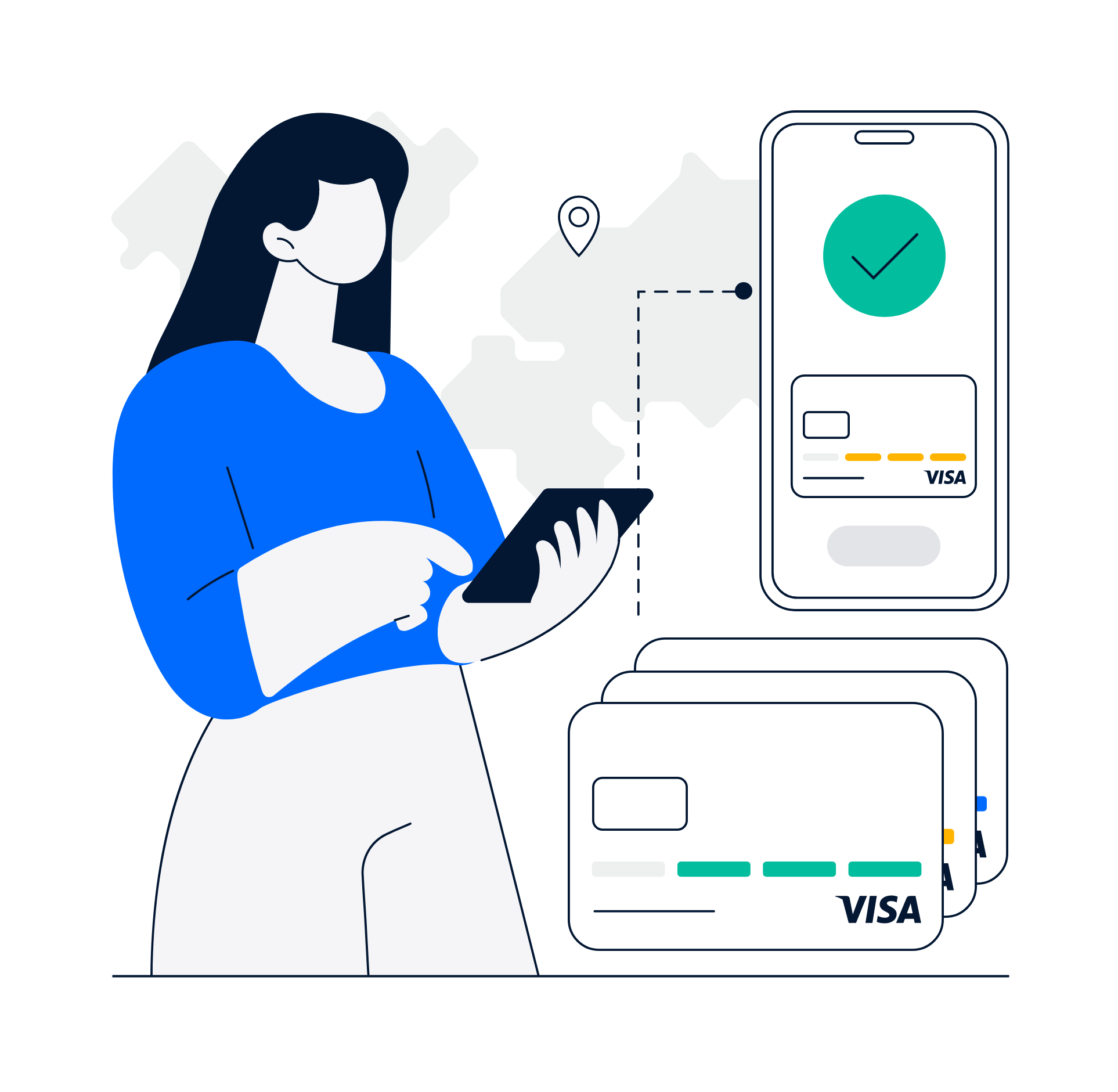 Illustration of a woman using a smartphone next to a large depiction of a Visa credit card, with an abstract world map background and a location pin icon.