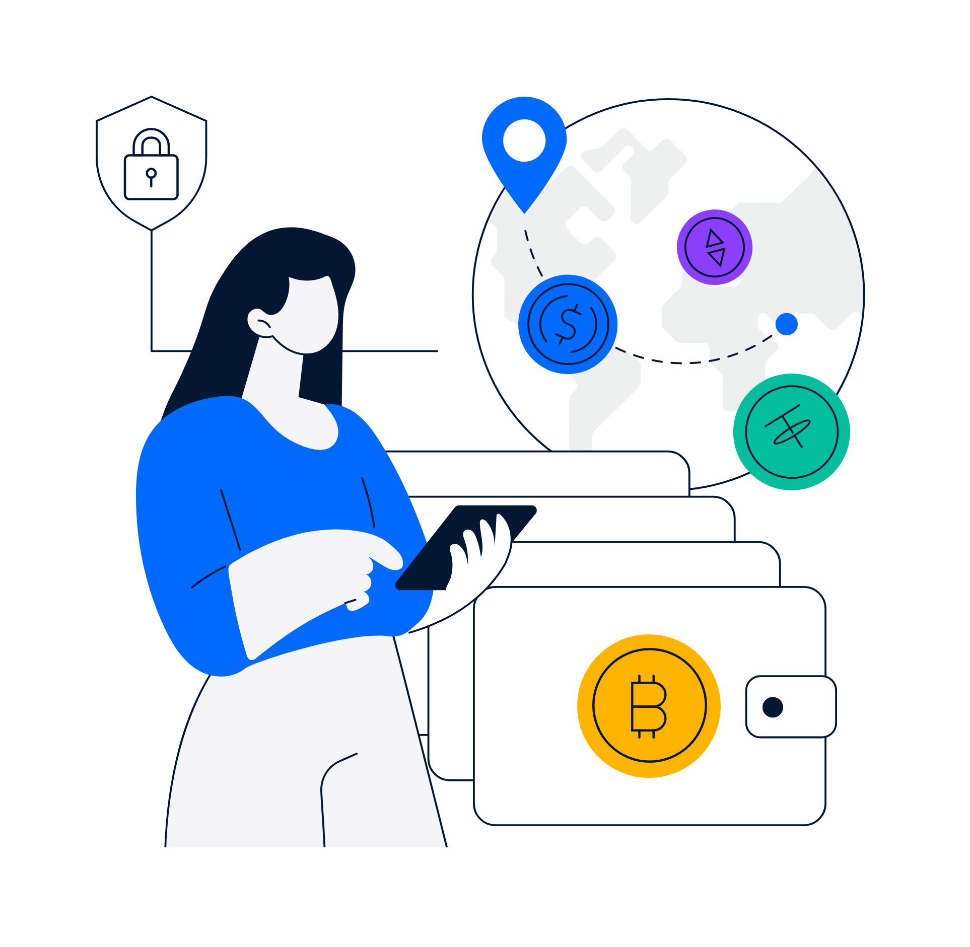 Illustration of a woman looking at her phone, with symbols of digital security, location, cryptocurrencies, and blockchain technology around her, on a world map background.