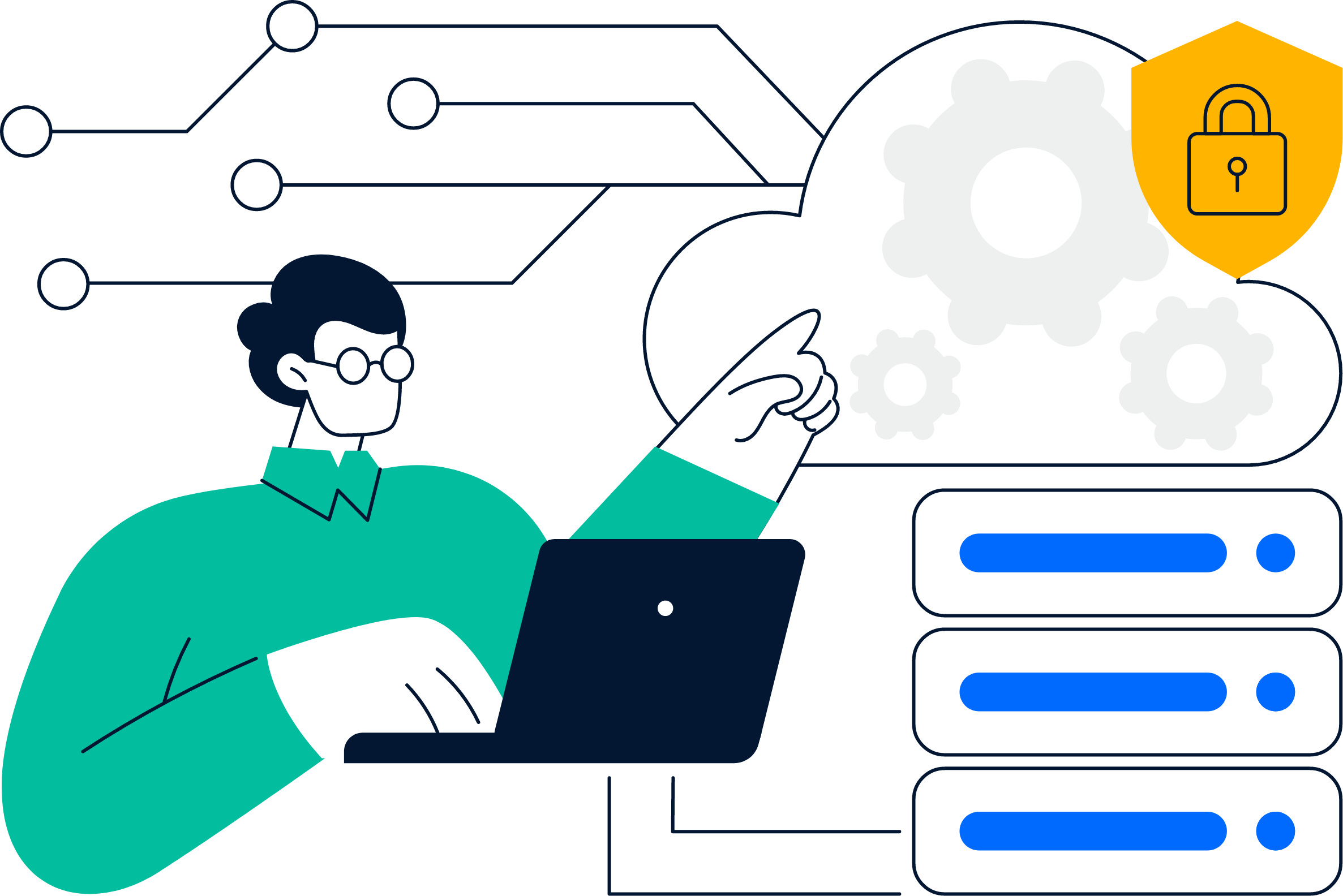 A person using a laptop with a cloud and gear icons, and a security shield with a lock, representing cybersecurity or data protection.