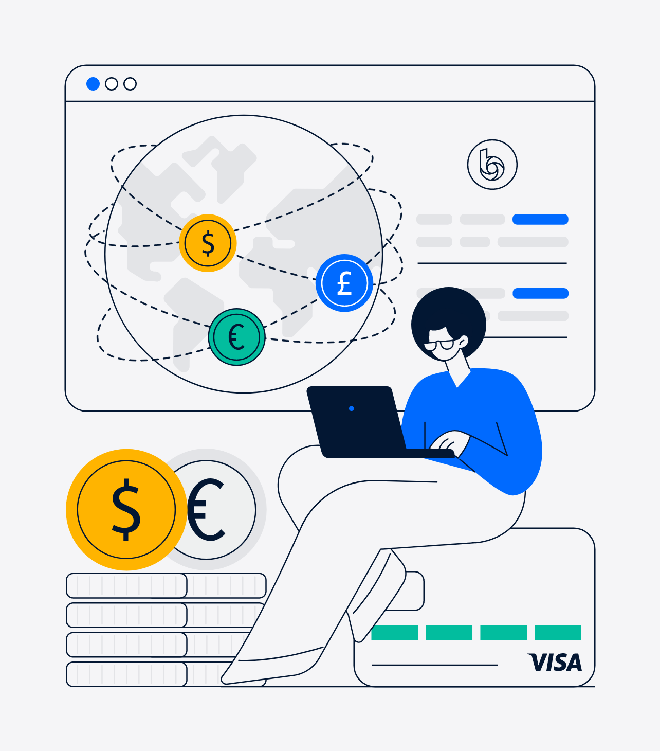 Illustration of global currency exchange with symbols for dollar, euro, and British pound, a person working on a laptop, and financial icons including a credit card, stacks of coins, and a world map in background.