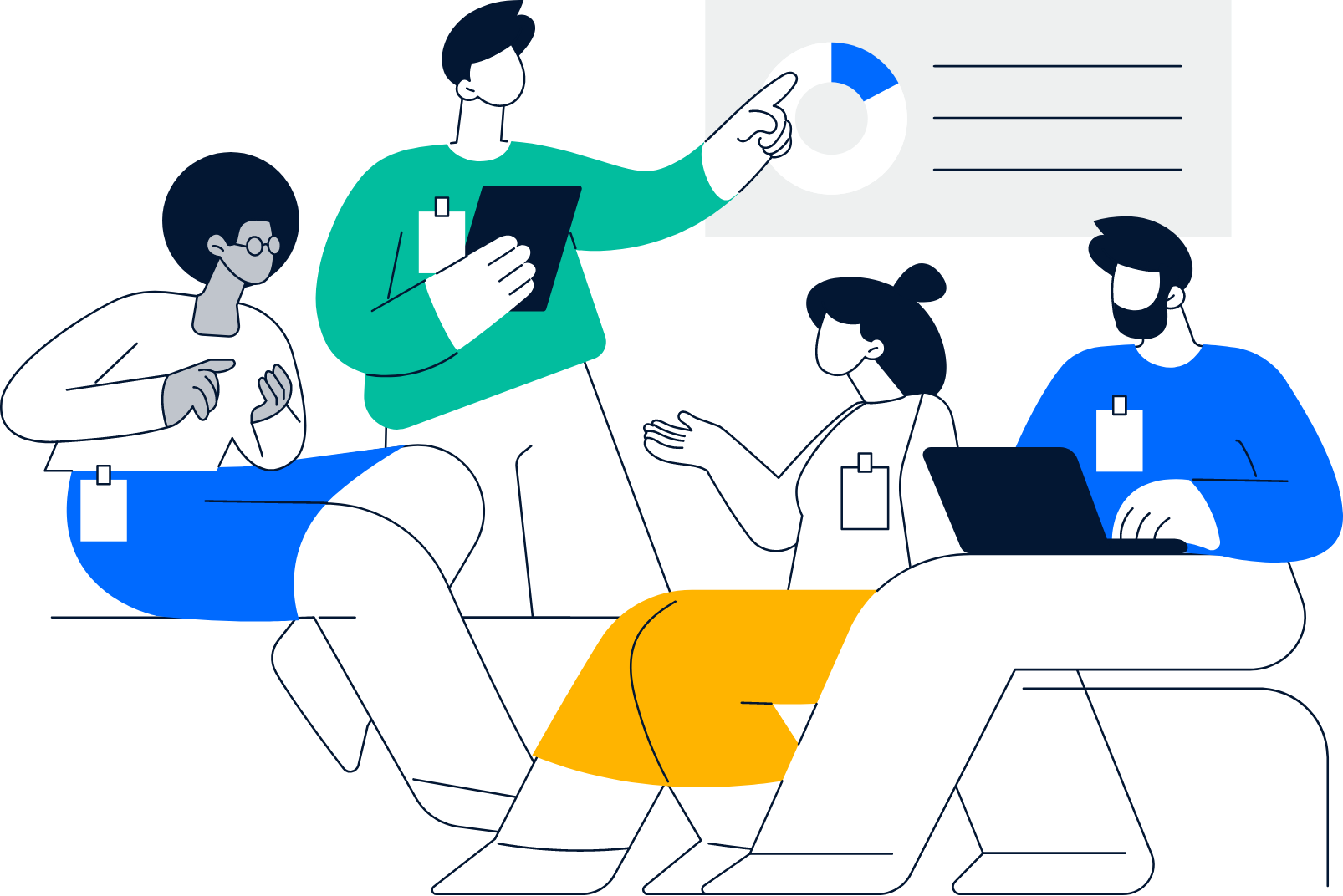 Illustration of four people in a meeting, two seated and two standing, with one person presenting data on a projection screen.
