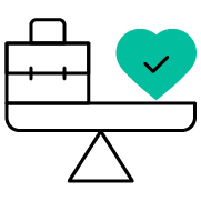 Balance scale with a briefcase on the left and a heart with a checkmark on the right
