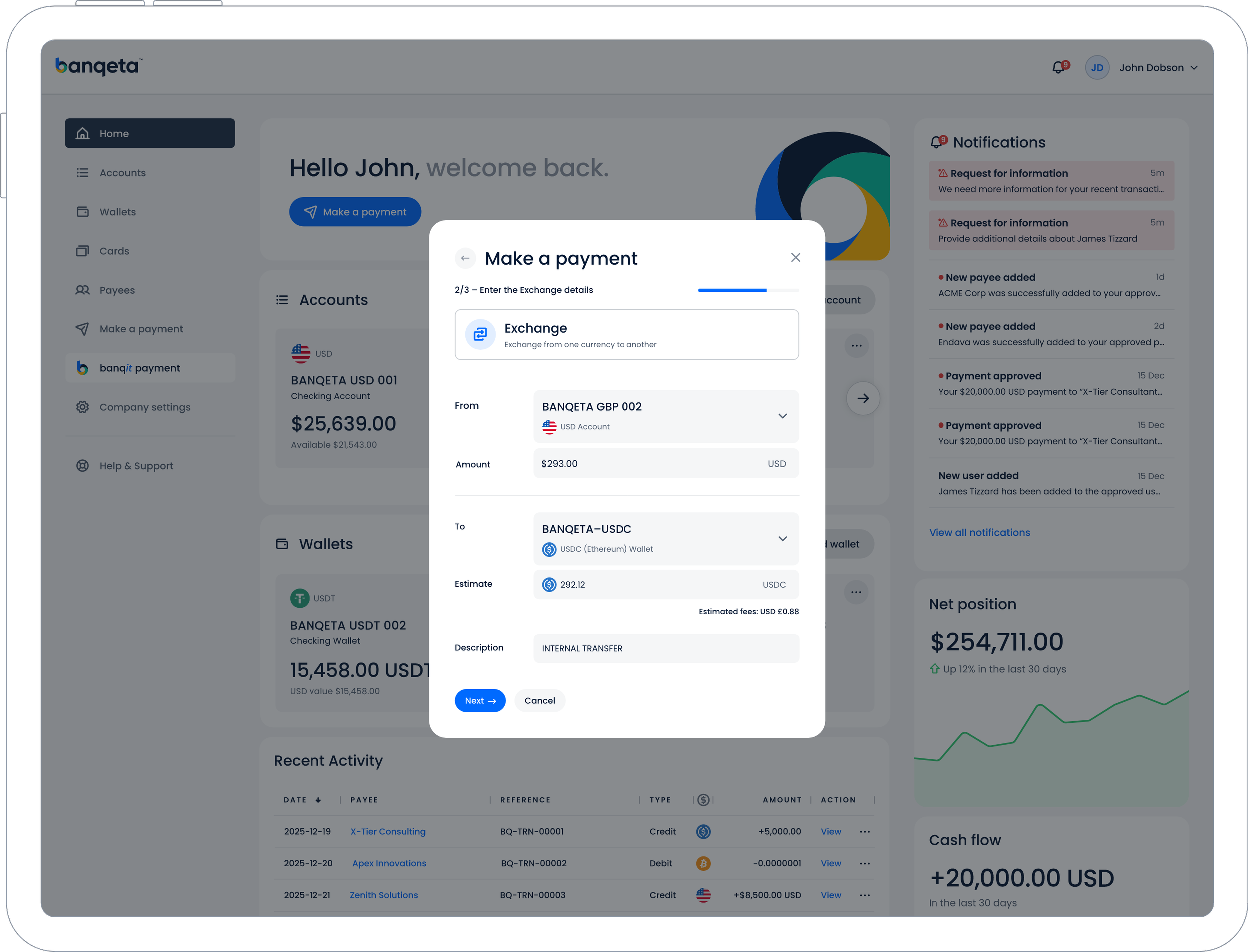 A screenshot of a financial application interface showing the 'Make a payment' process, with details of currency exchange, account information, and transaction estimate.