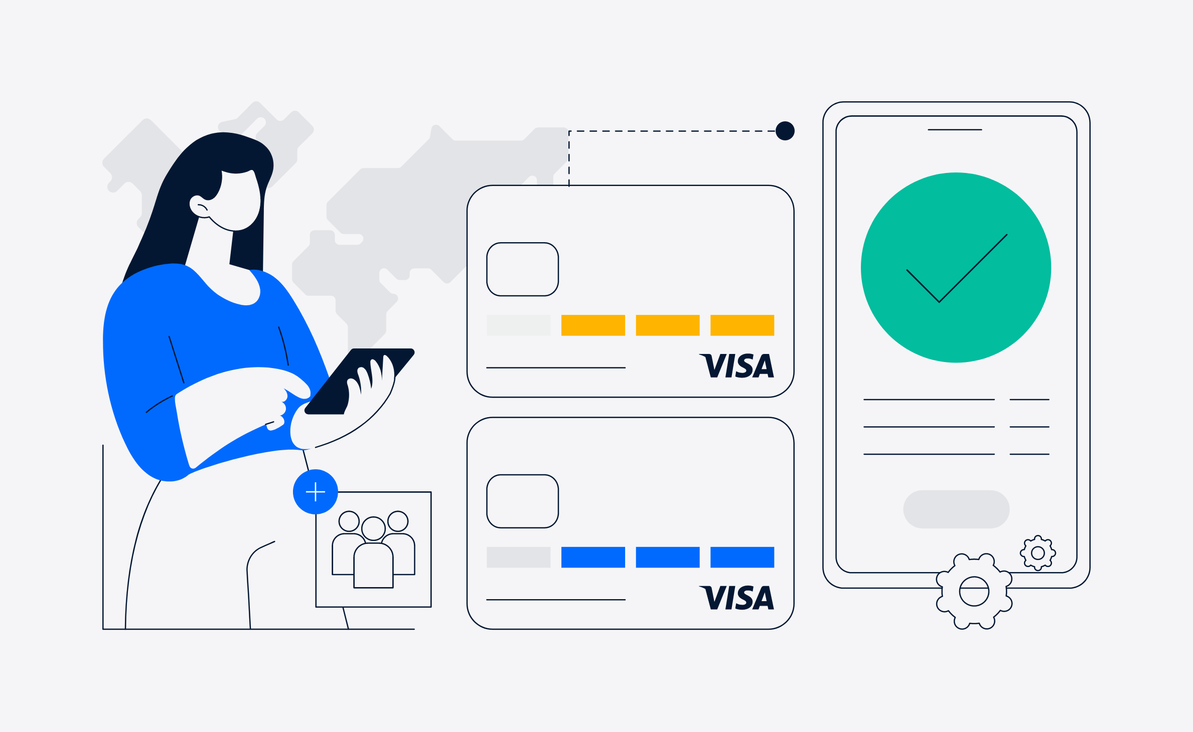 Illustration of a woman looking at her phone with digital credit cards and a mobile payment app interface.