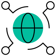 Stylized globe with blue and white lines on a dark background.