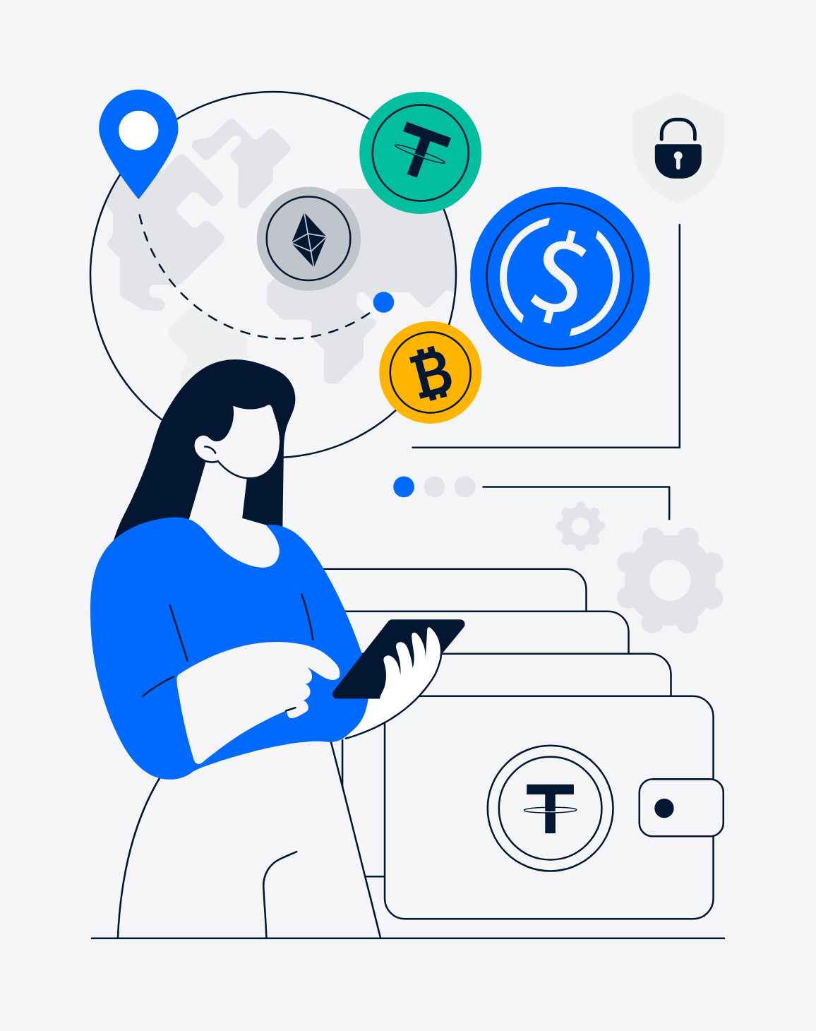Illustration of a woman using a smartphone, surrounded by icons representing cryptocurrencies like Bitcoin and Ethereum, with a background of a world map and a secure digital wallet.