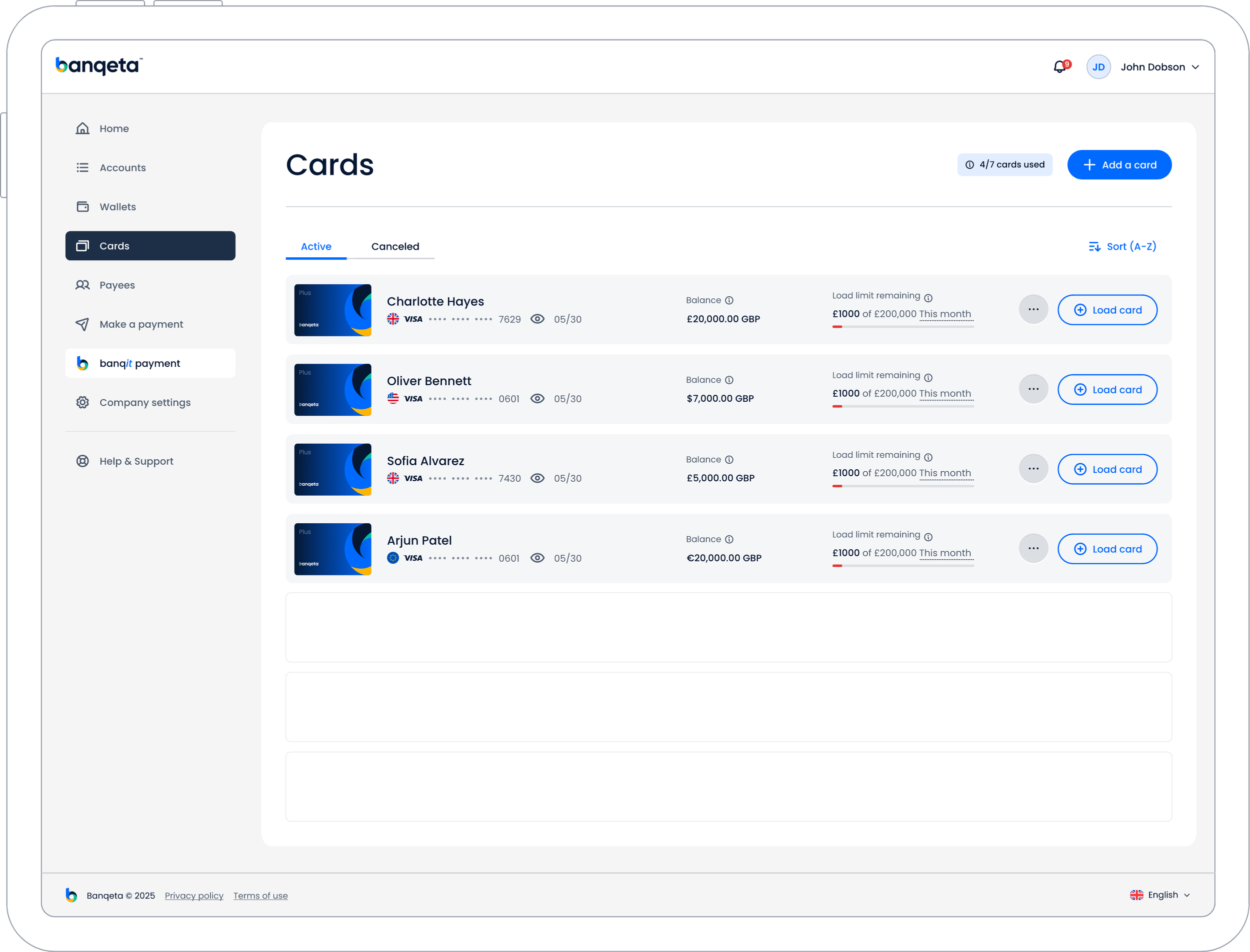 Screenshot of a digital banking app showing a list of credit cards with balances, limits, and options to load additional funds.