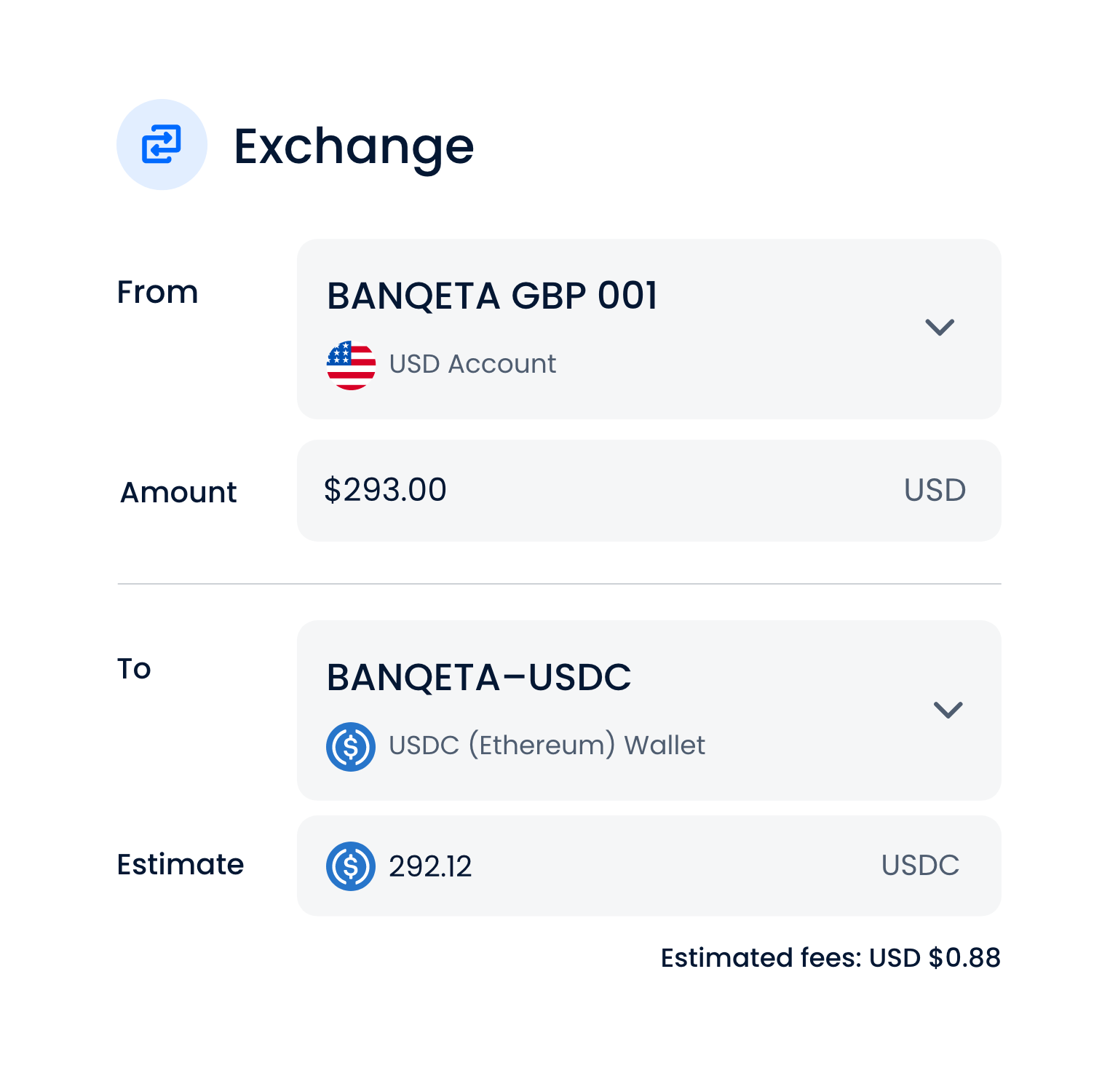 Screenshot of a cryptocurrency exchange transaction from a USD account to a USDC Ethereum wallet, with an amount of $293 and an estimated receipt of 292.12 USDC, including a fee of $0.88.