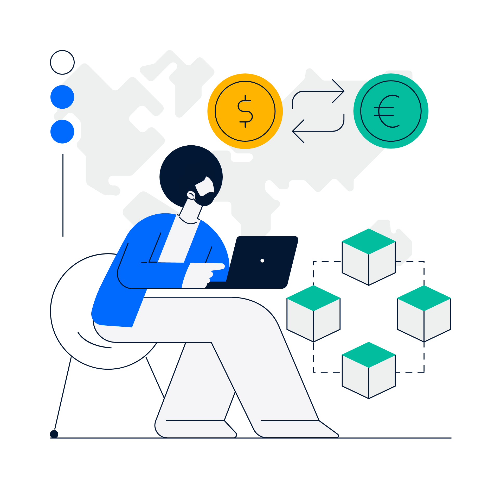 Illustration of a person with a beard working on a laptop, with floating icons representing money, process flow, and 3D cubes, over a world map background.