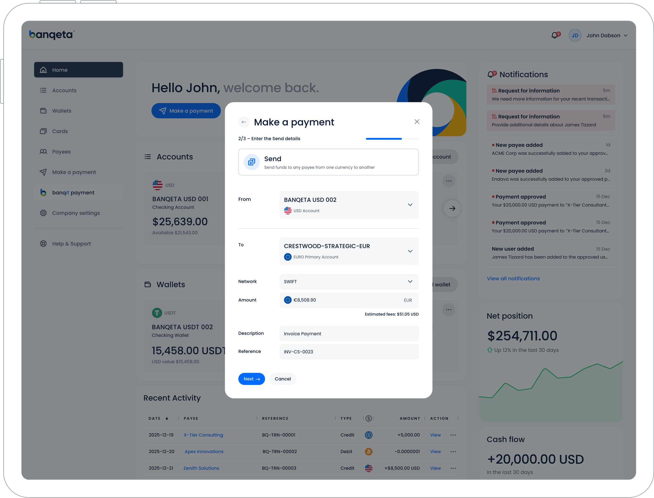 Screenshot of an online banking platform showing the 'Make a payment' popup with details of a currency transfer from a checking account to a primary euro account. The interface displays account balances, recent activity, and notifications.