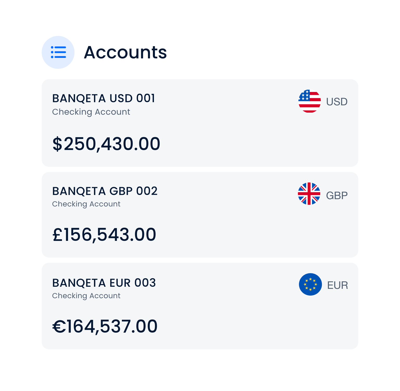 Screenshot of a banking app displaying three checking accounts with balances in USD, GBP, and EUR, each account has a flag icon representing the currency.
