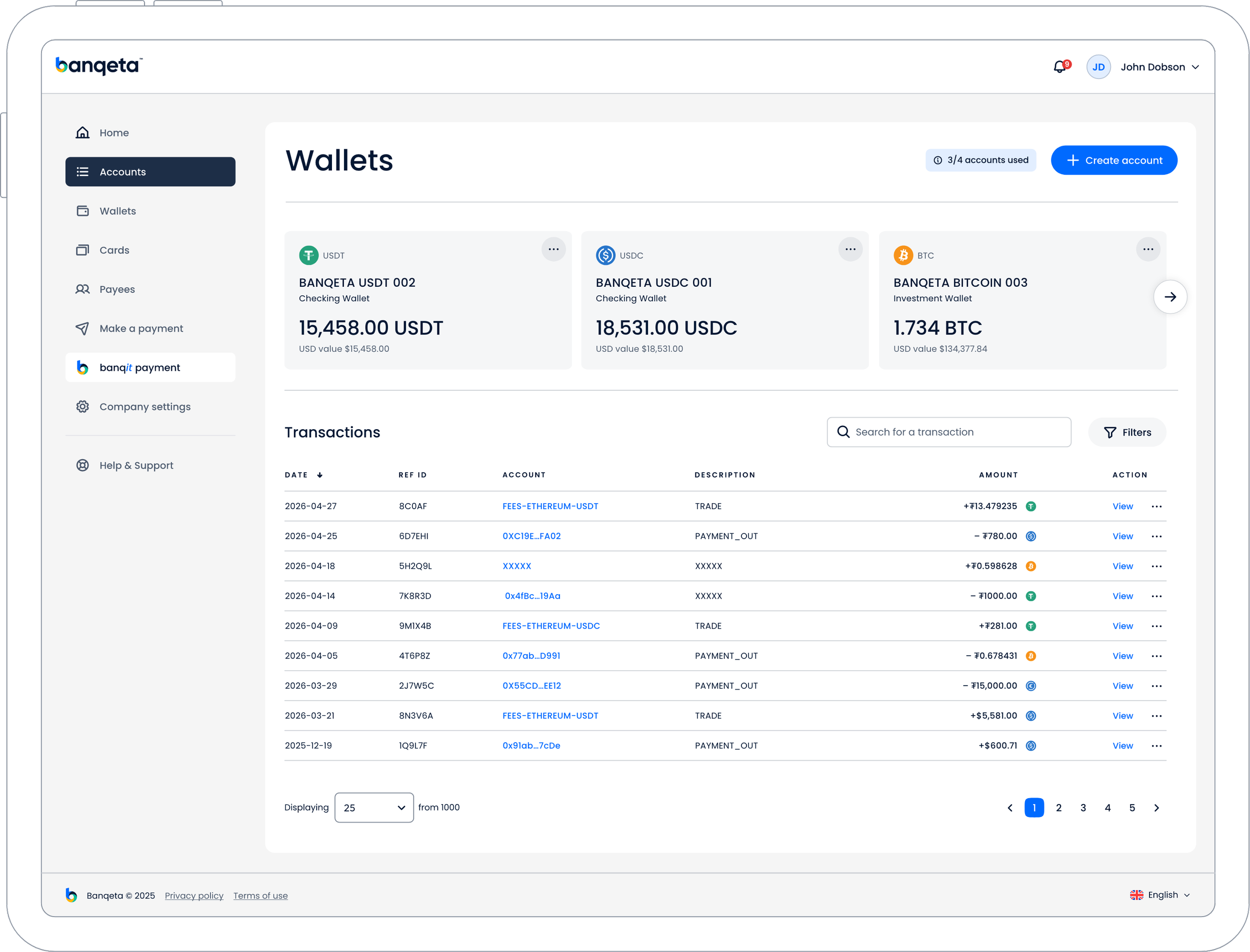 Computer screen displaying a blockchain wallet management platform named Banqeta, showing various cryptocurrency wallets such as USDT, USDC, and Bitcoin, with transaction history listed below.
